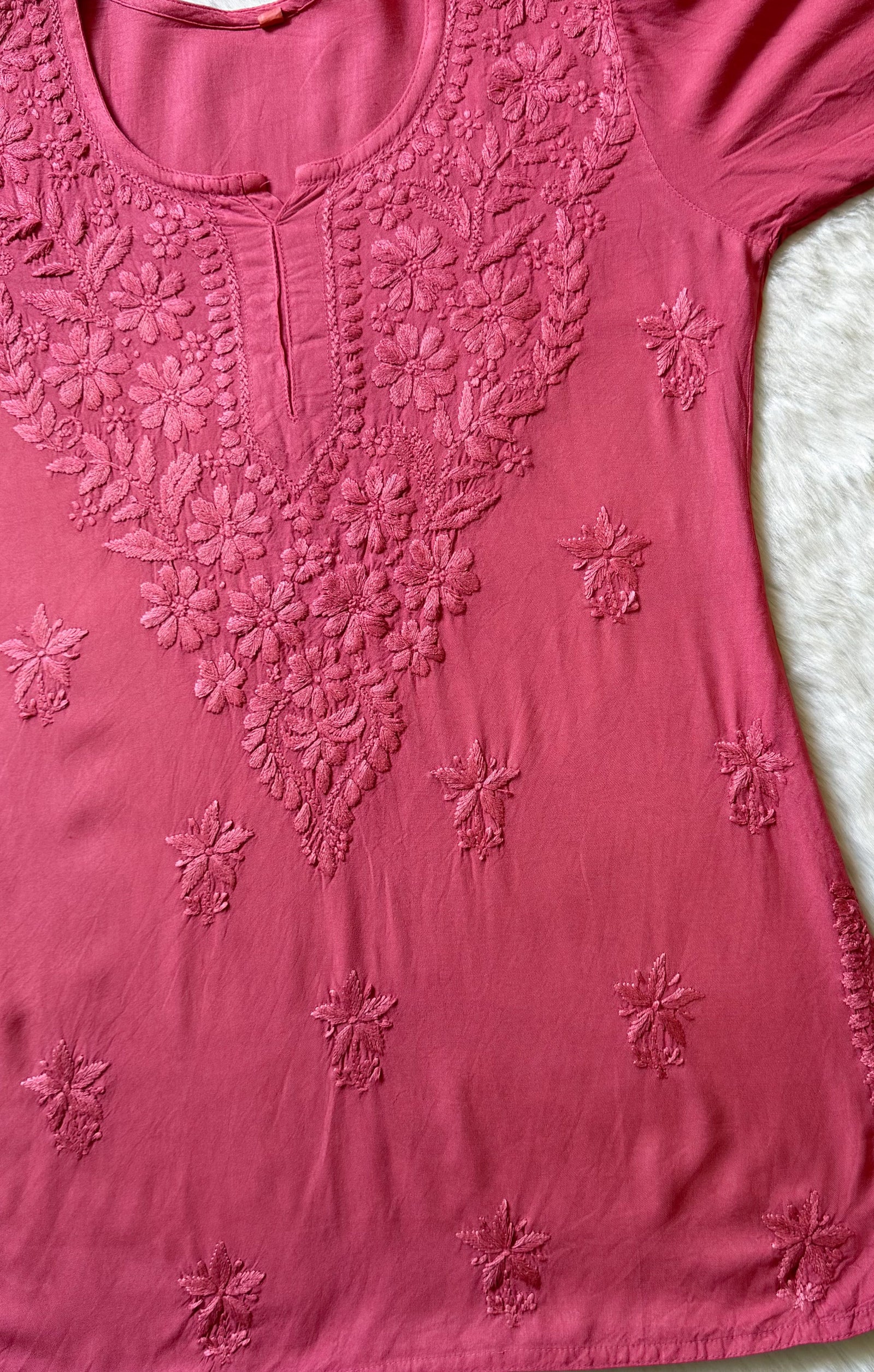 Safa Rose Pink Short Rayon Chikankari Kurti