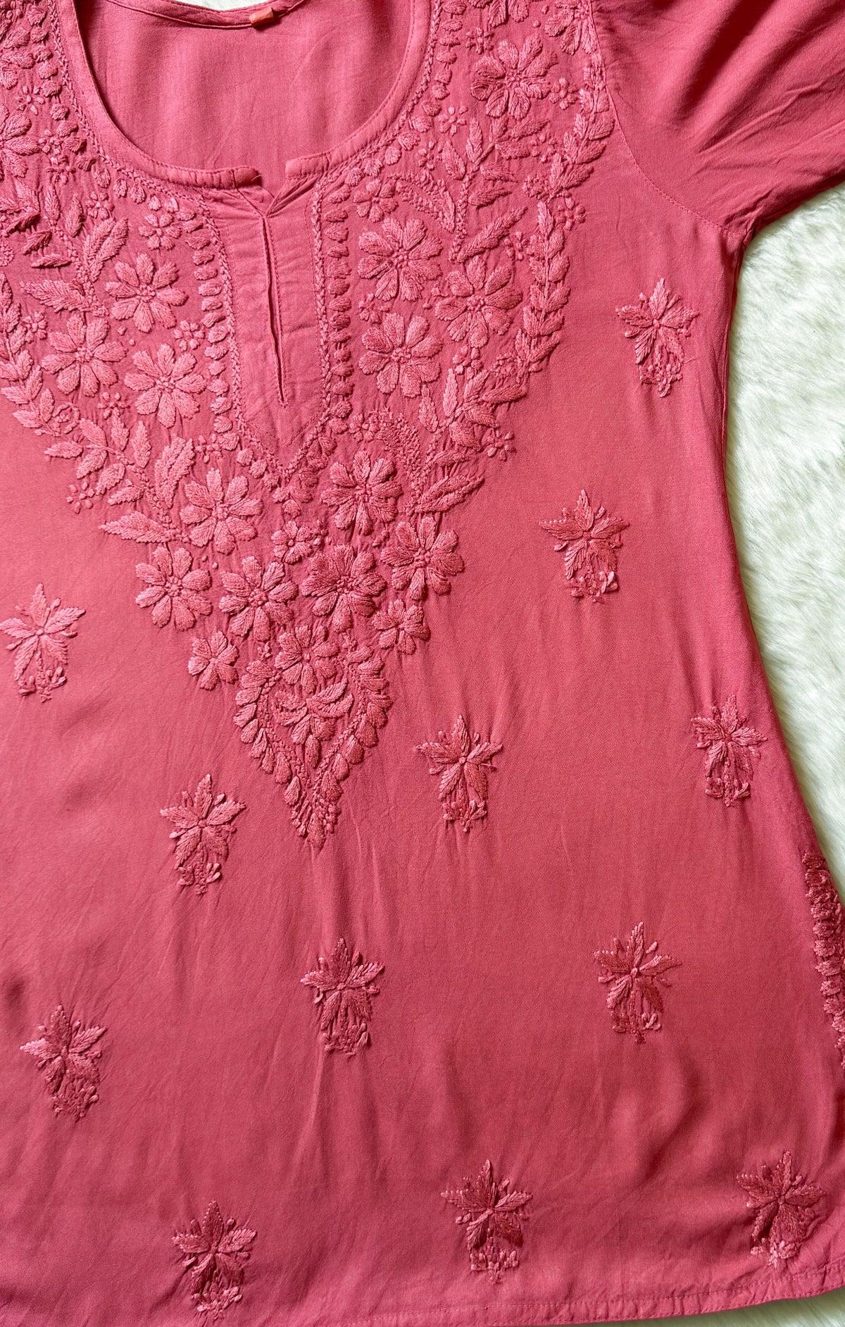 Safa Rose Pink Short Rayon Chikankari Kurti