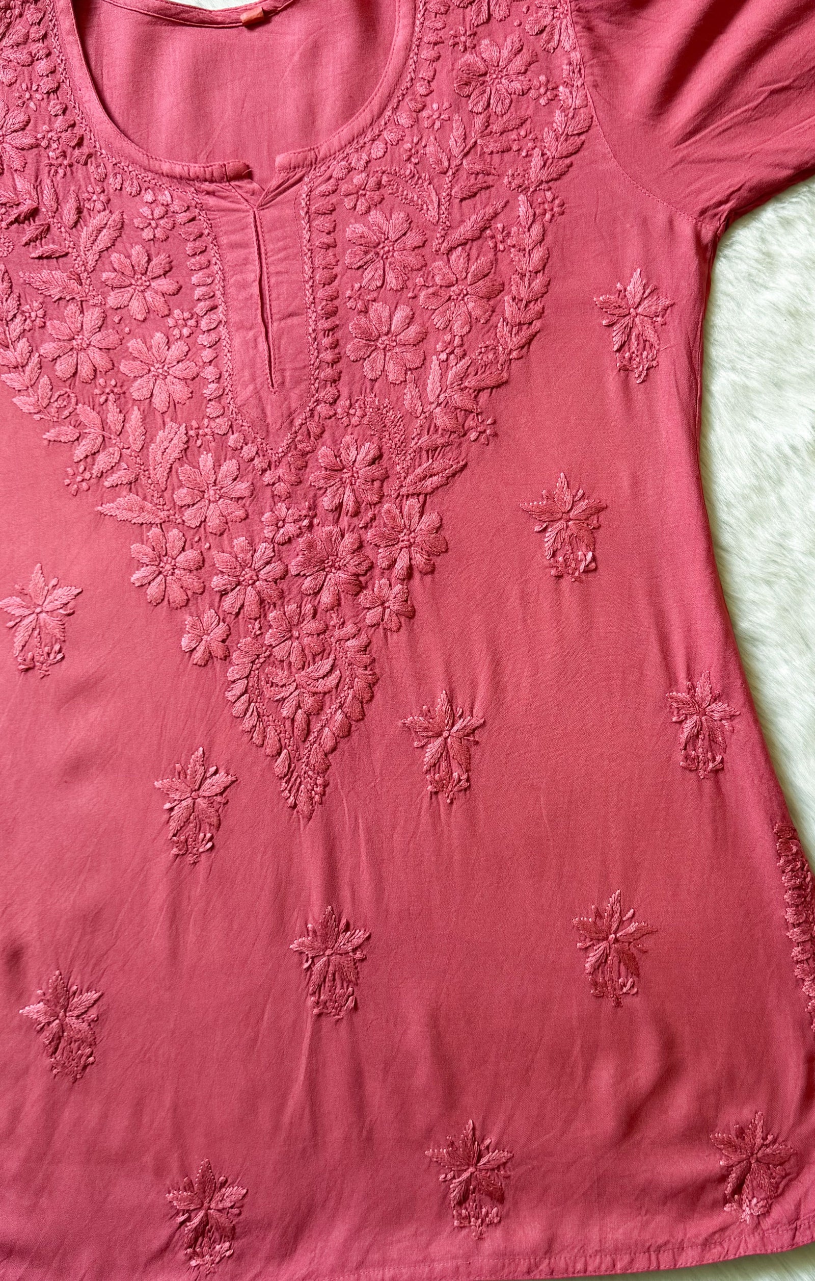Safa Rose Pink Short Rayon Chikankari Kurti