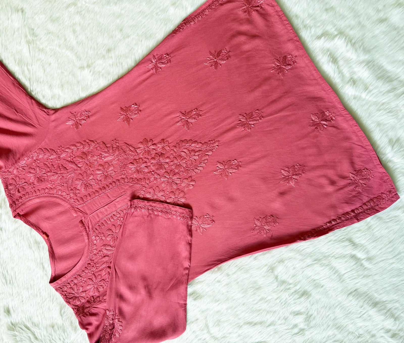 Safa Rose Pink Short Rayon Chikankari Kurti