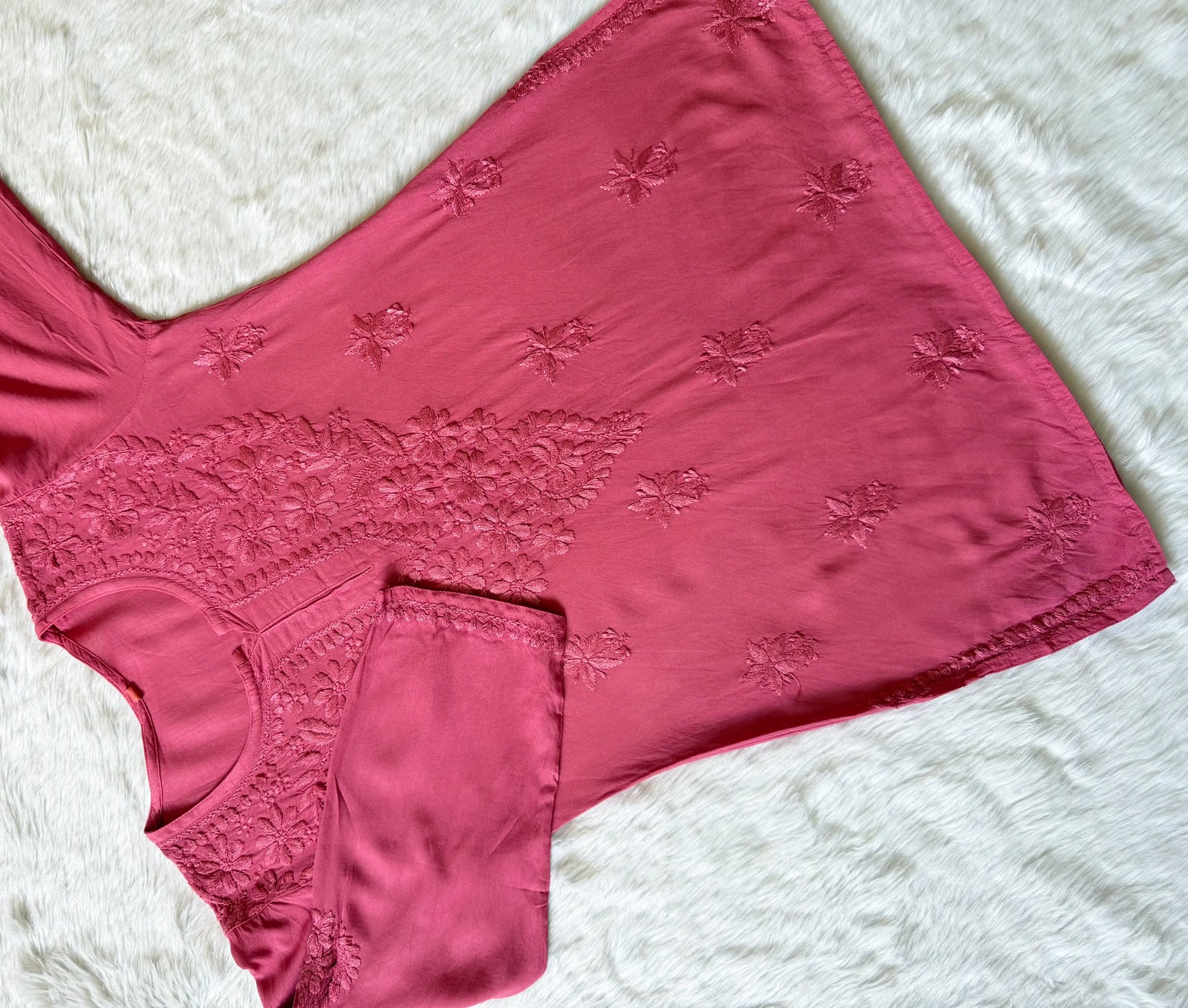 Safa Rose Pink Short Rayon Chikankari Kurti