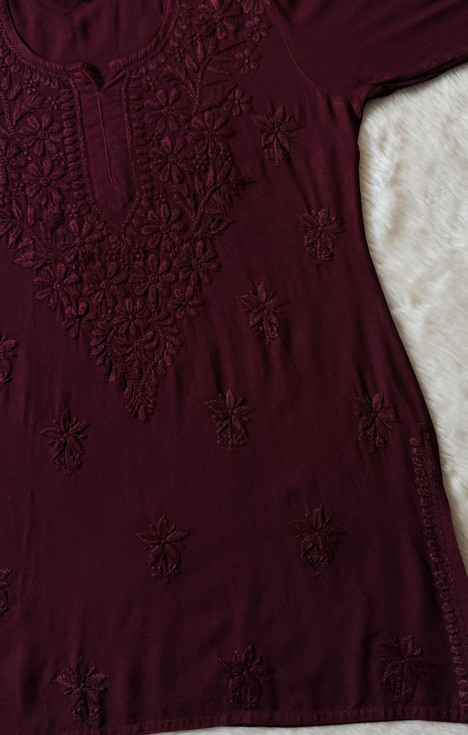 Safa Wine Short Rayon Chikankari Kurti