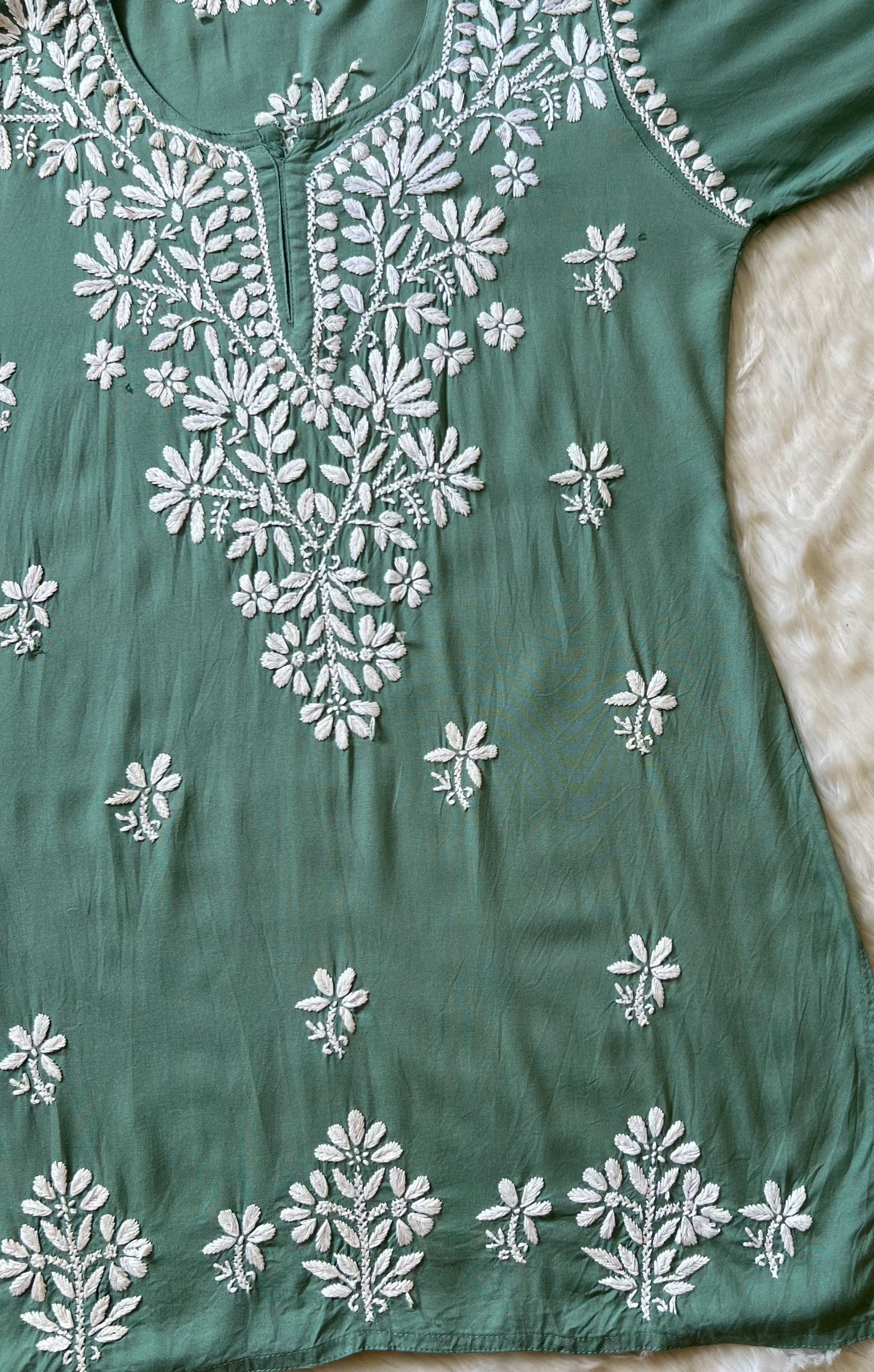 Sage Green Short Rayon Kurta with White Chikankari