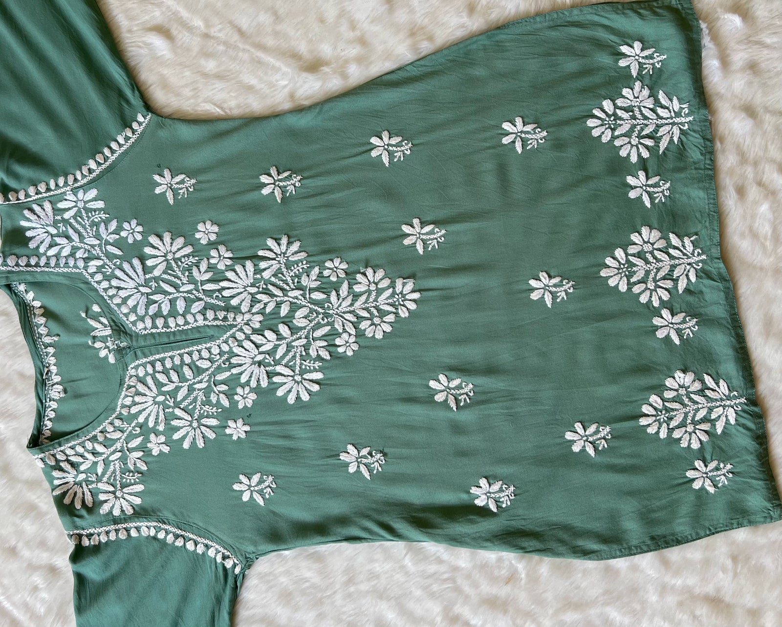 Sage Green Short Rayon Kurta with White Chikankari