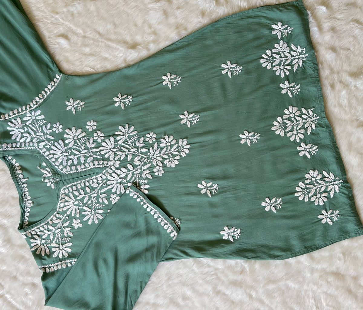 Sage Green Short Rayon Kurta with White Chikankari