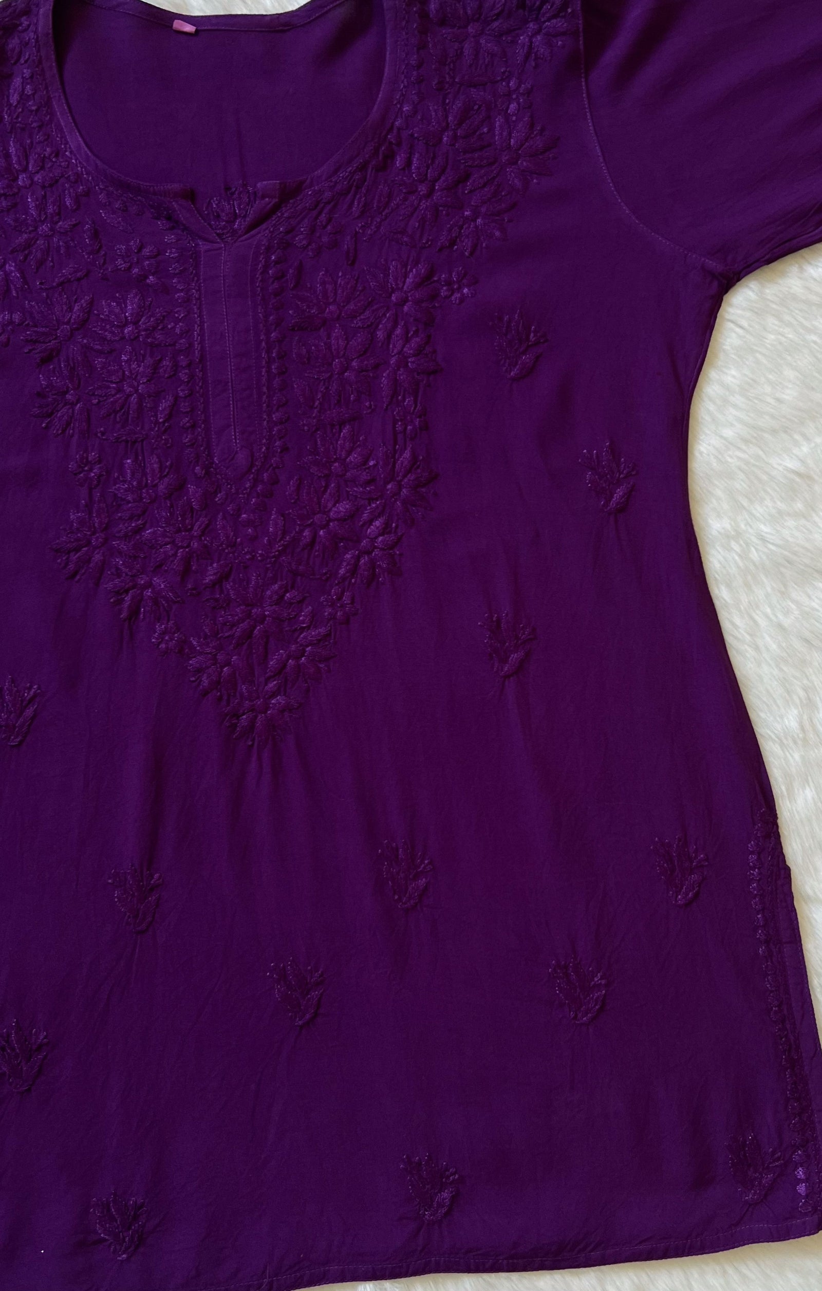 Sana Dark Purple Short Rayon with Self Chikankari