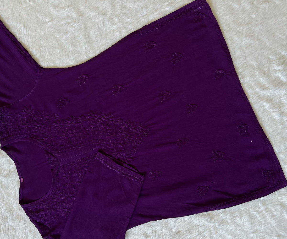 Sana Dark Purple Short Rayon with Self Chikankari