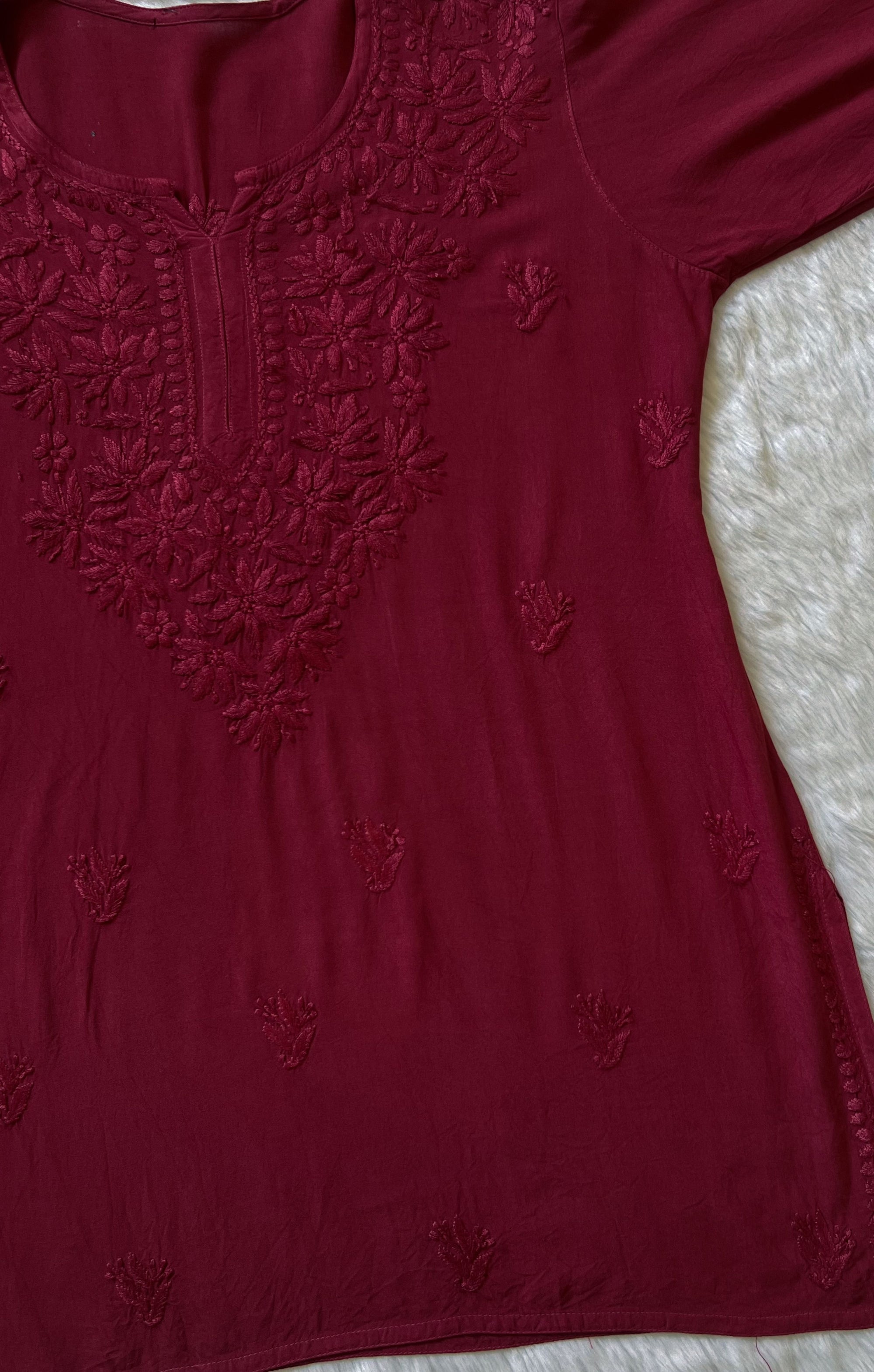 Sana Maroon Short Rayon with Self Chikankari