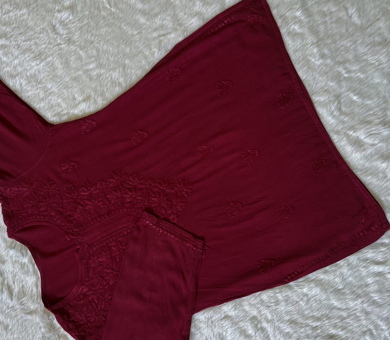 Sana Maroon Short Rayon with Self Chikankari