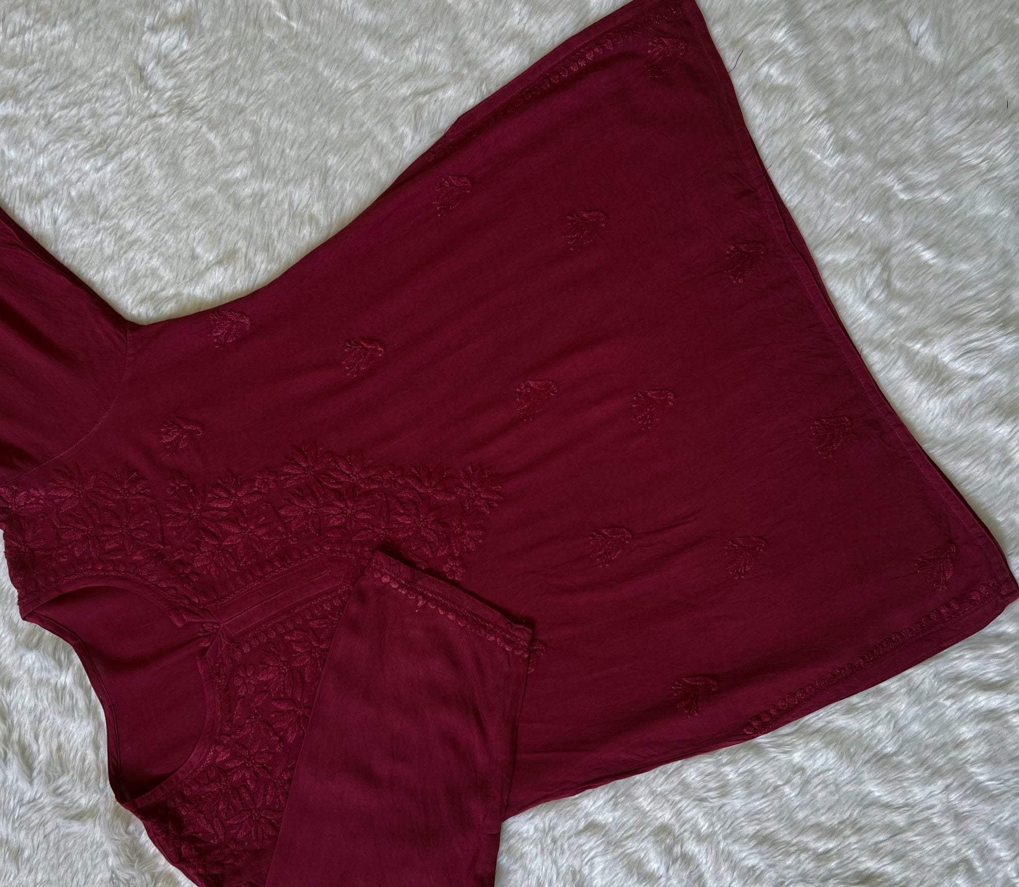 Sana Maroon Short Rayon with Self Chikankari