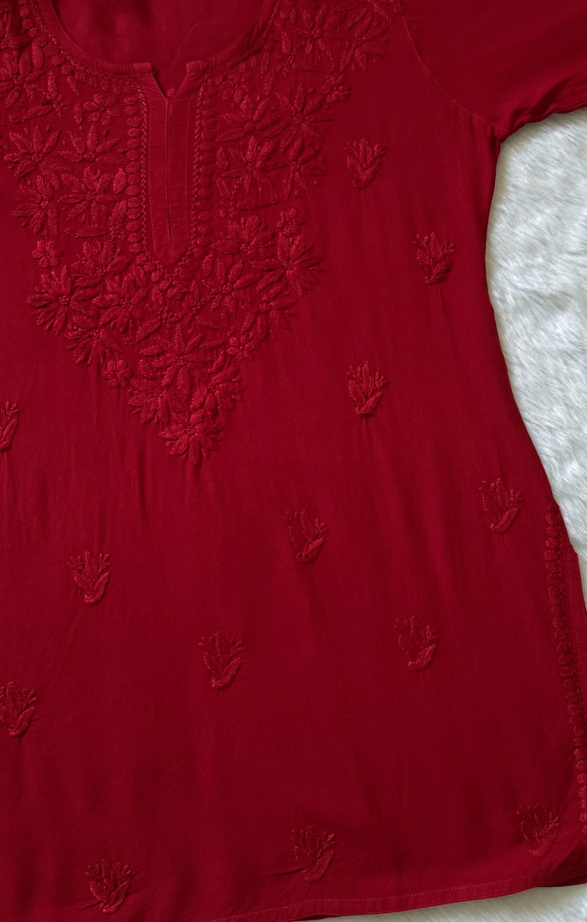 Sana Red Short Rayon with Self Chikankari
