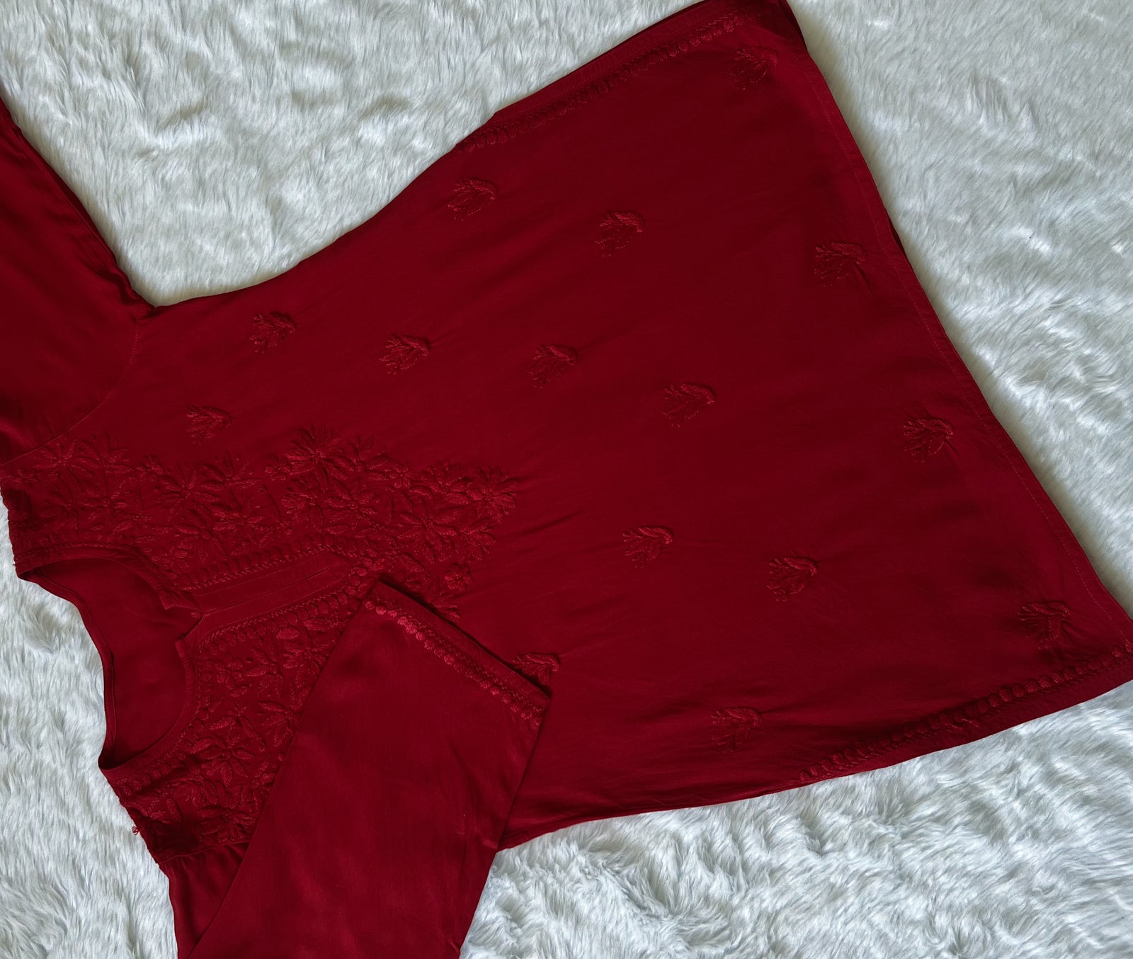 Sana Red Short Rayon with Self Chikankari