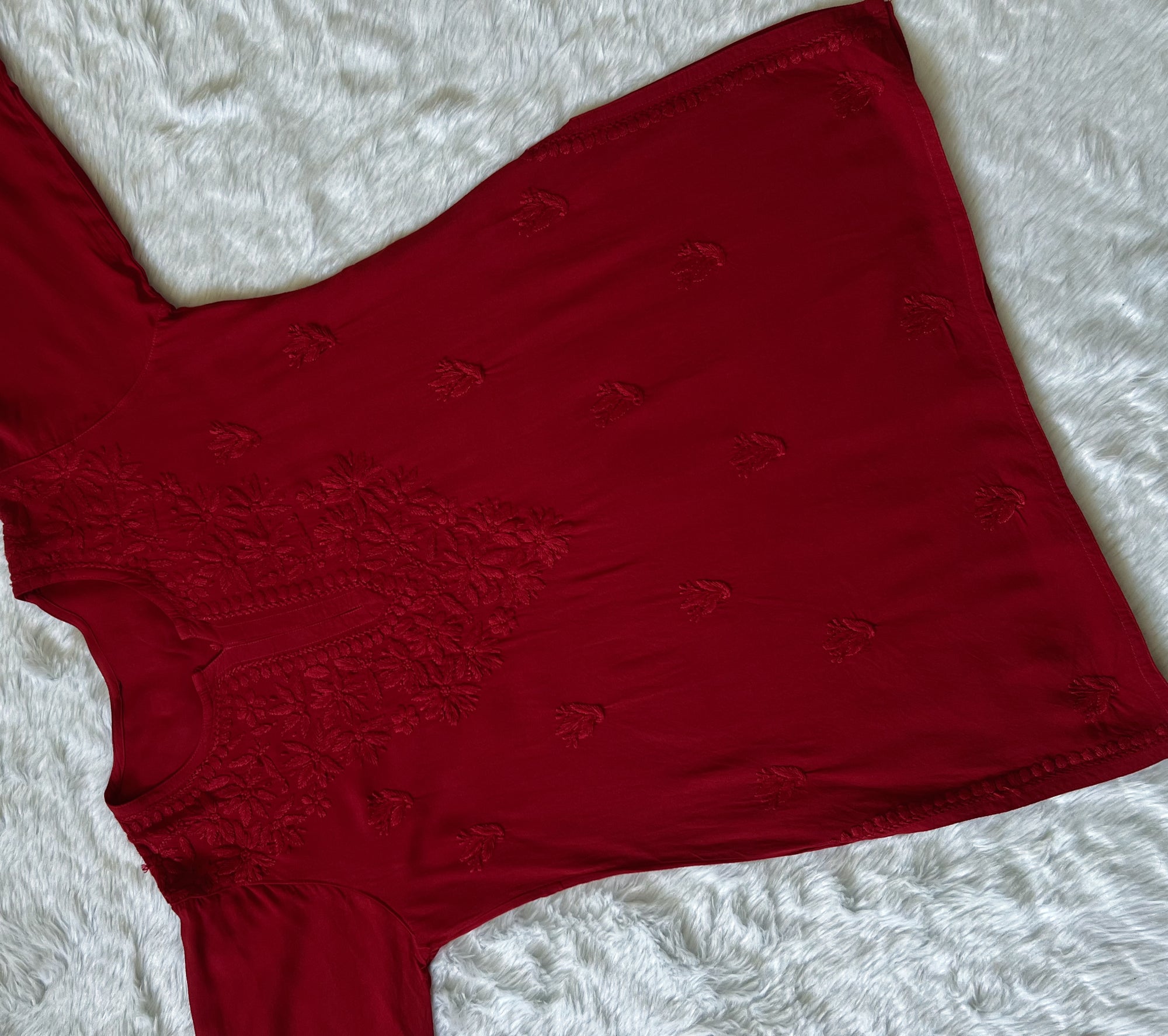 Sana Red Short Rayon with Self Chikankari