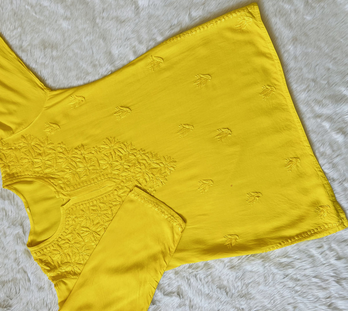 Sana Yellow Short Rayon with Self Chikankari