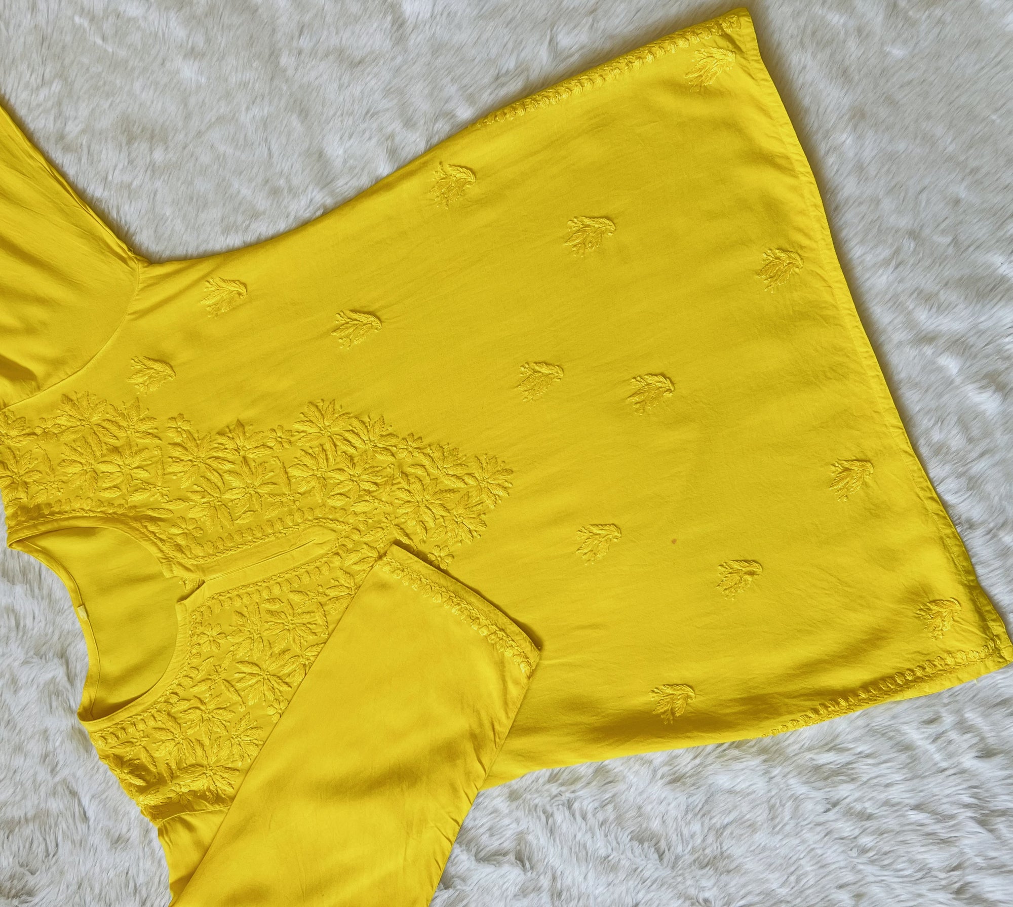 Sana Yellow Short Rayon with Self Chikankari