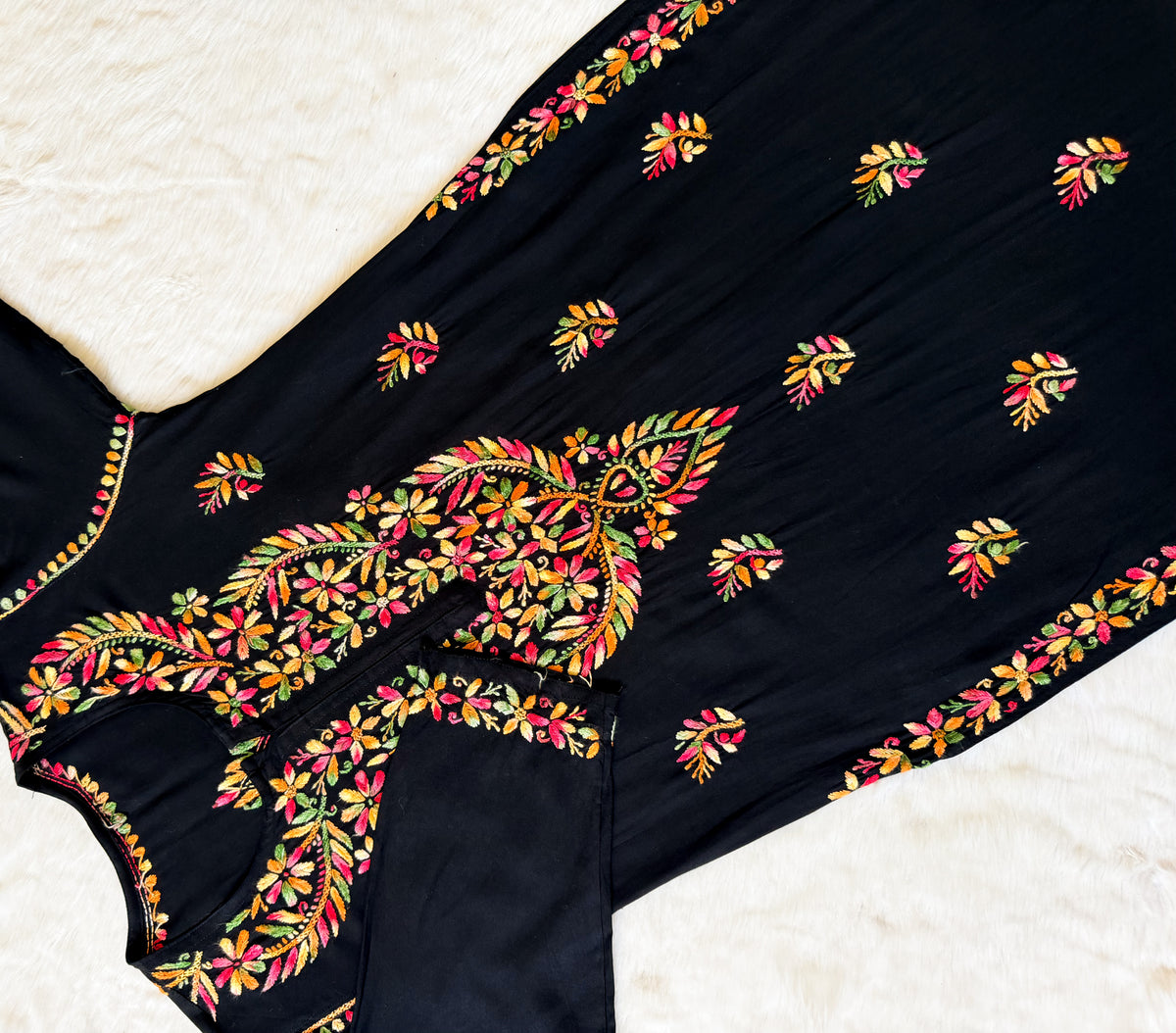 Sara Black Multi Long Rayon Chikankari Kurti
