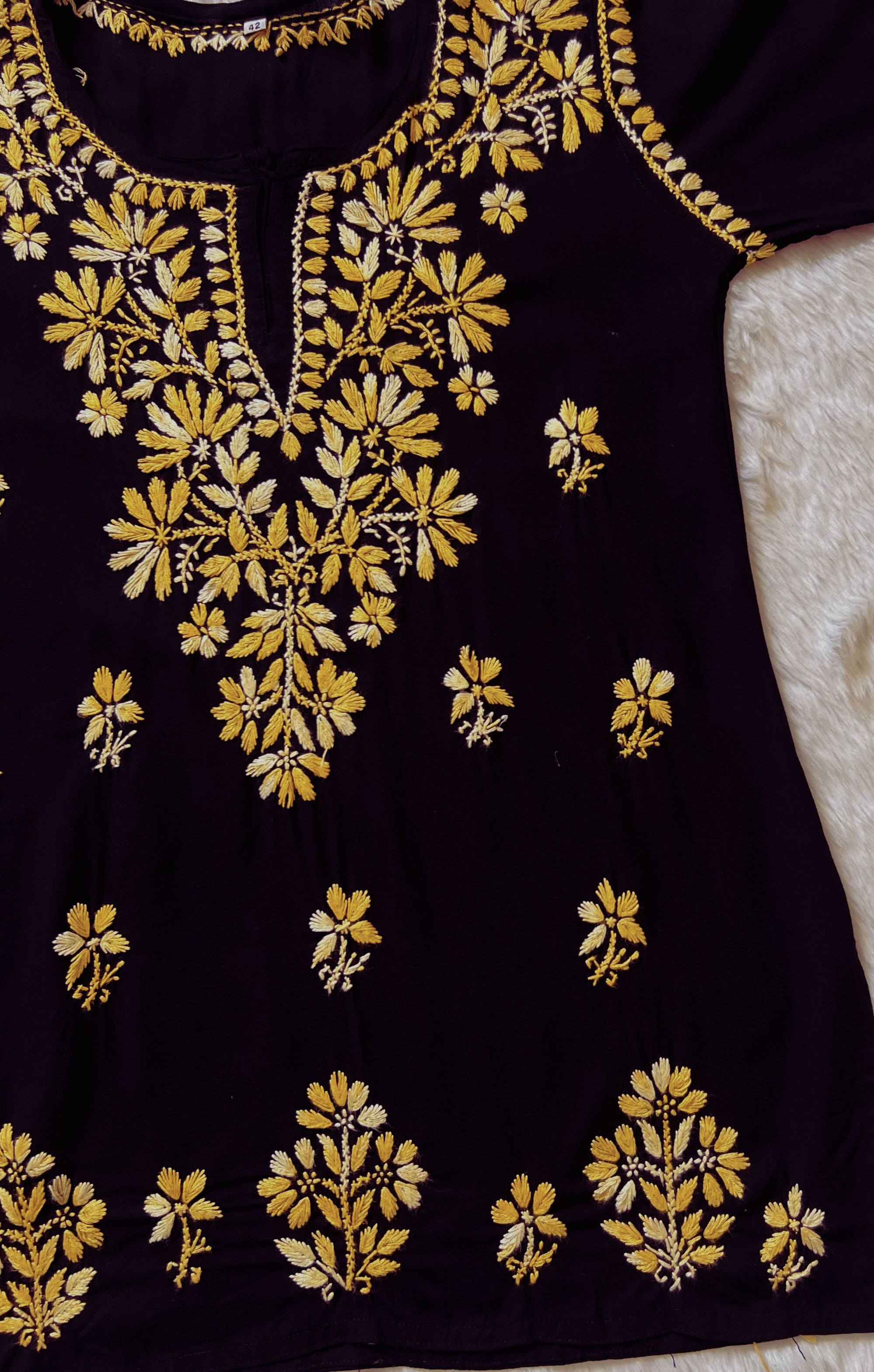 Sara Black & Mango Yellow Short Rayon Chikankari Kurta