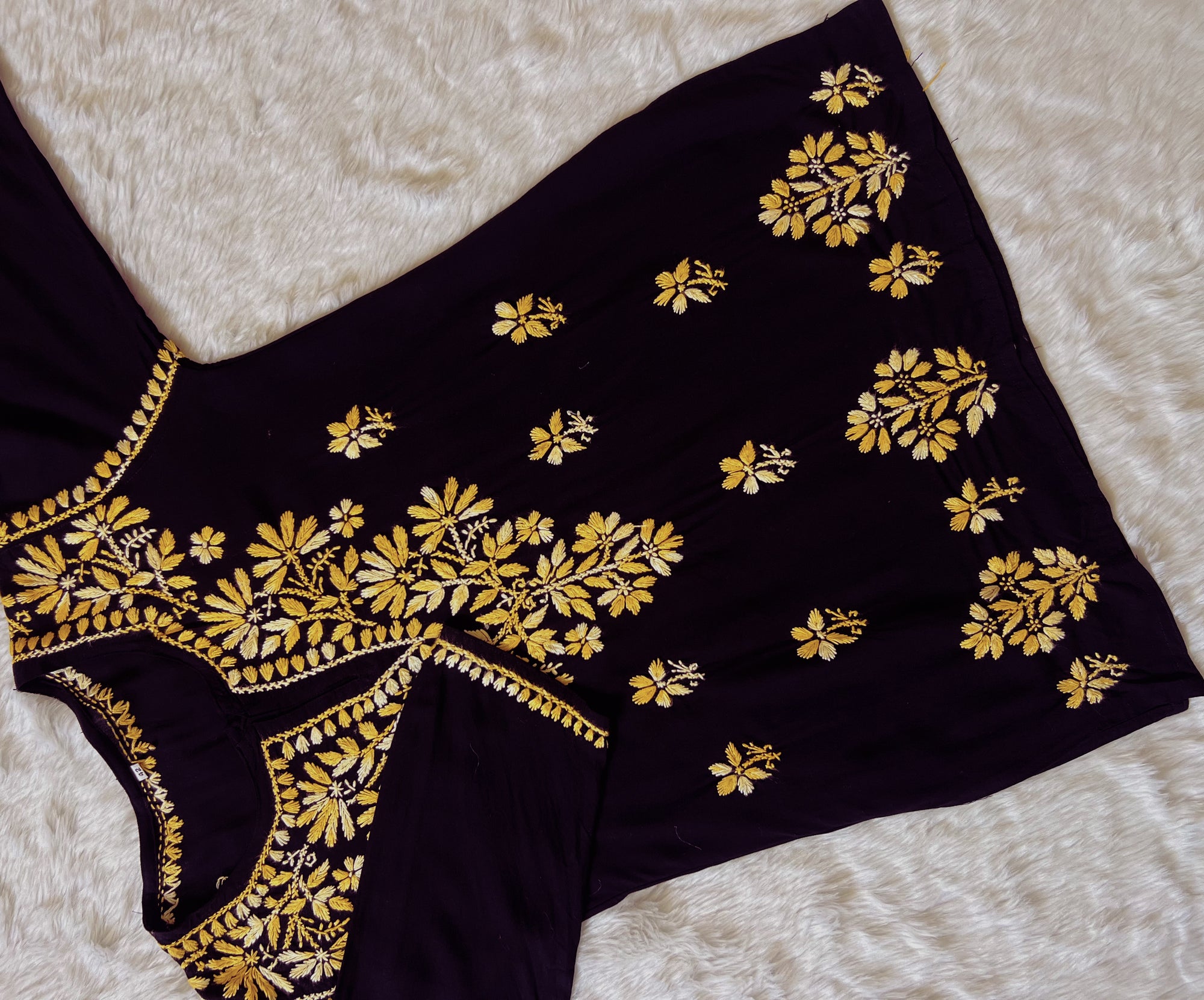 Sara Black & Mango Yellow Short Rayon Chikankari Kurta