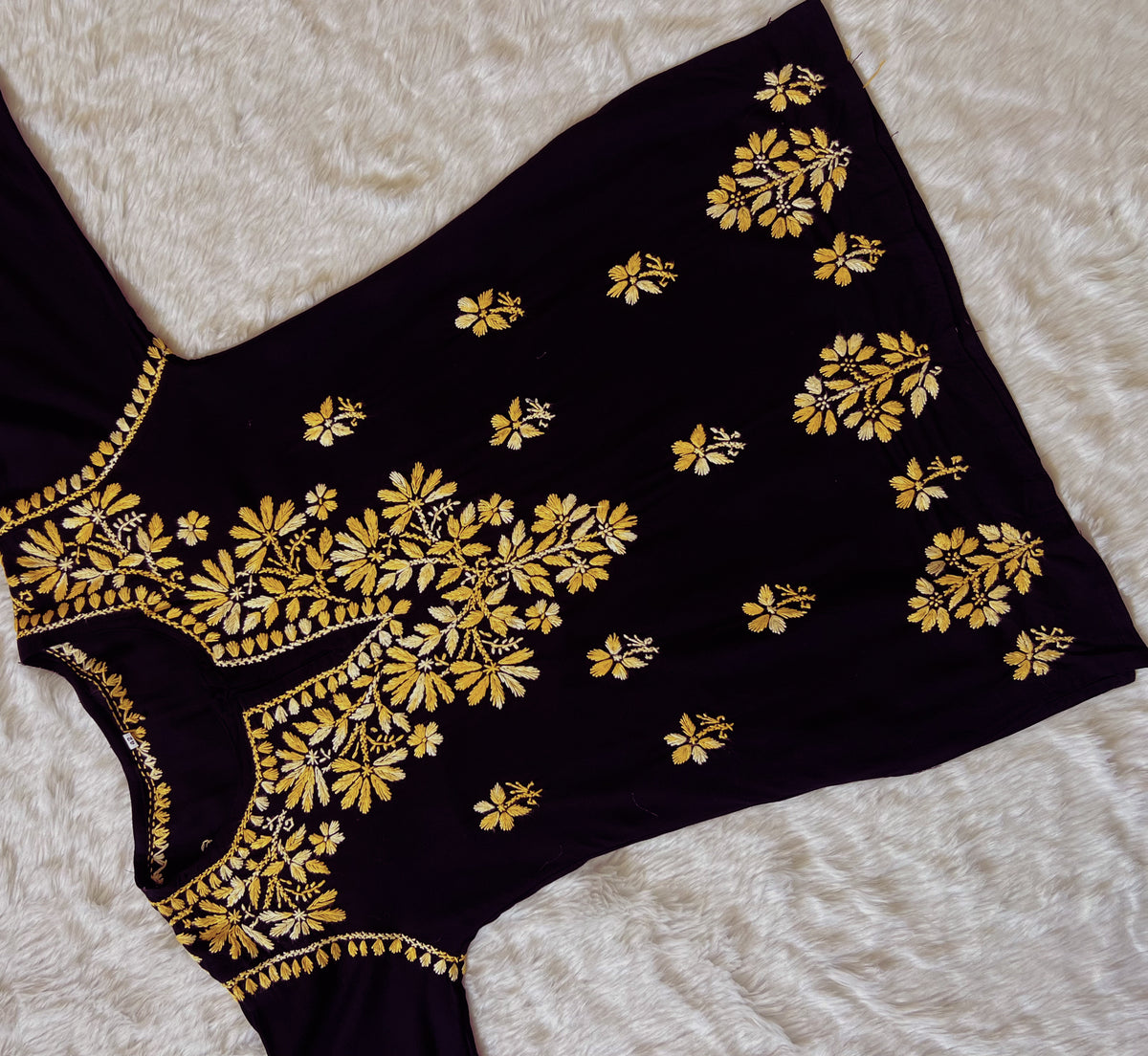 Sara Black & Mango Yellow Short Rayon Chikankari Kurta