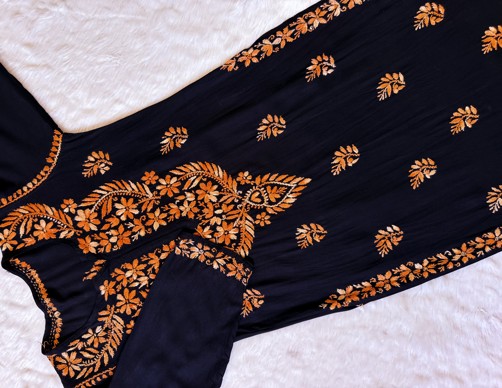Sara Black & Orange Long Rayon Chikankari Kurti