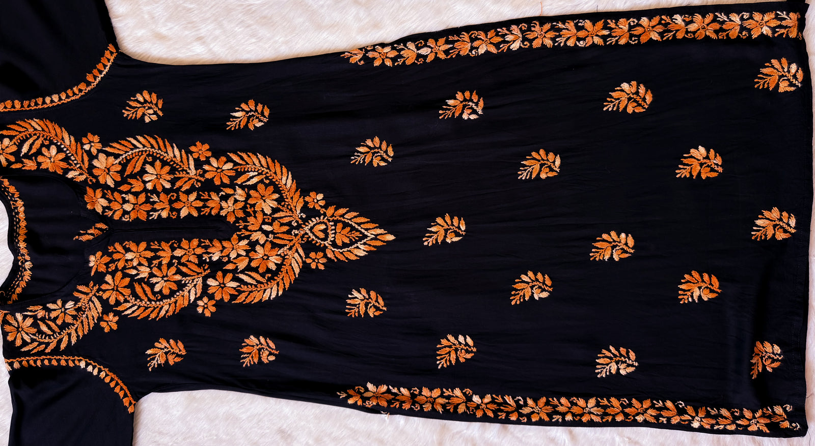 Sara Black & Orange Long Rayon Chikankari Kurti