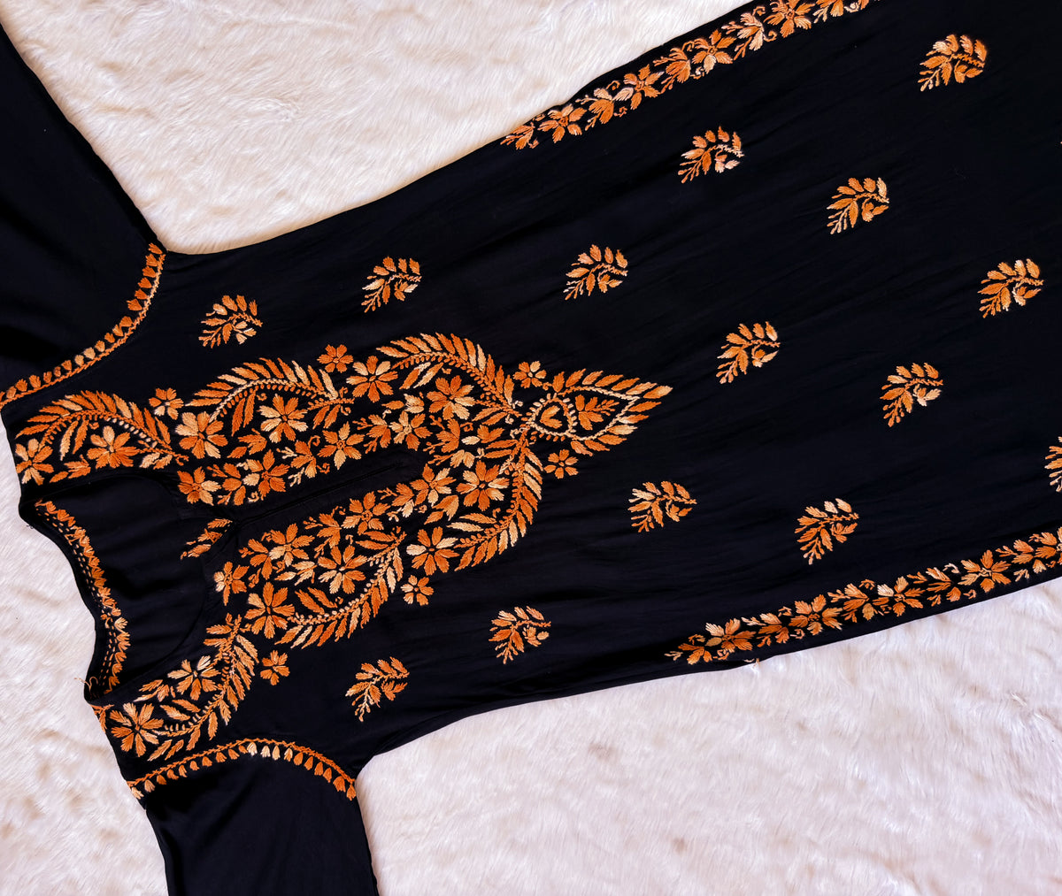 Sara Black & Orange Long Rayon Chikankari Kurti