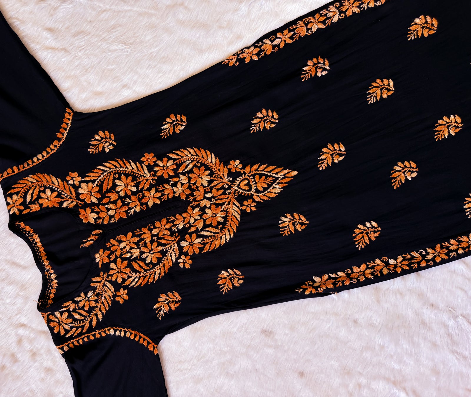 Sara Black & Orange Long Rayon Chikankari Kurti