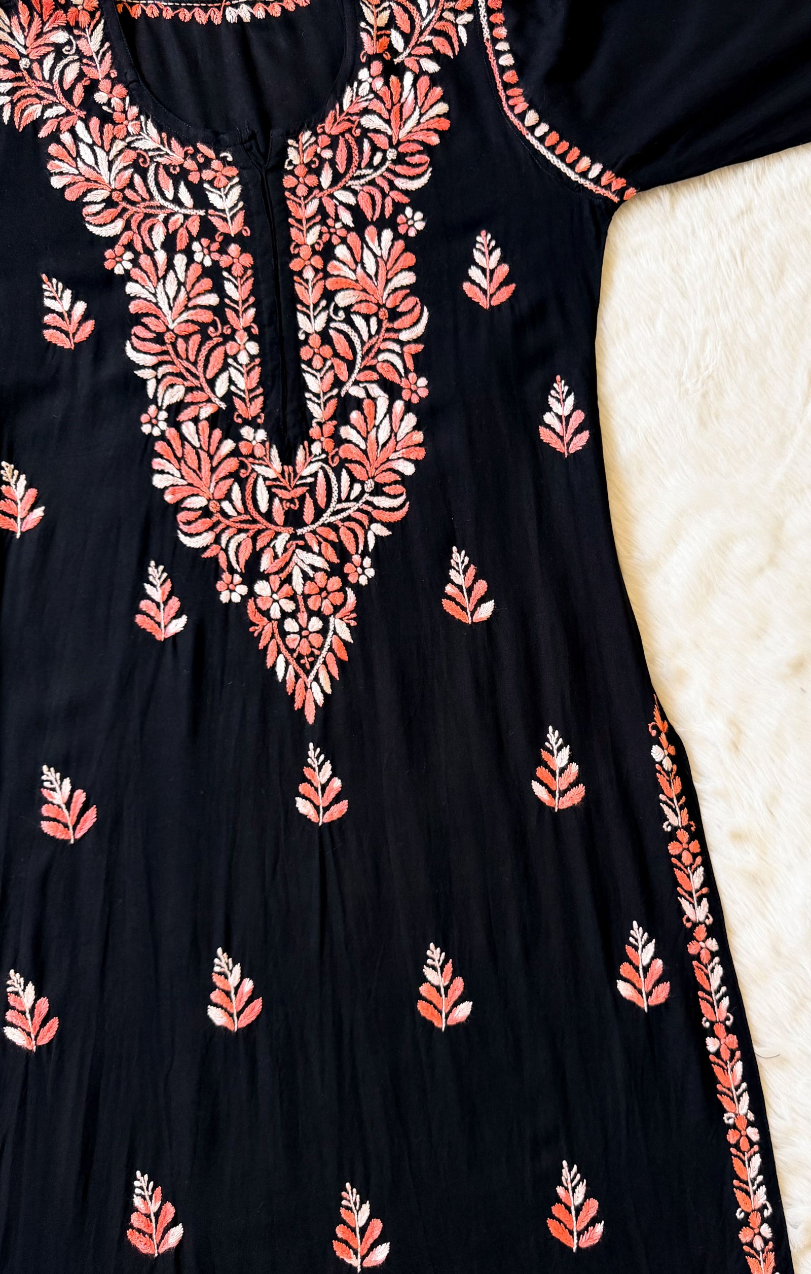 Sara Black & Peach Long Rayon Chikankari Kurti