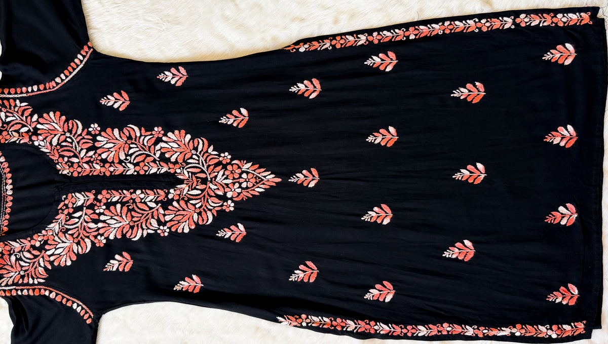 Sara Black & Peach Long Rayon Chikankari Kurti