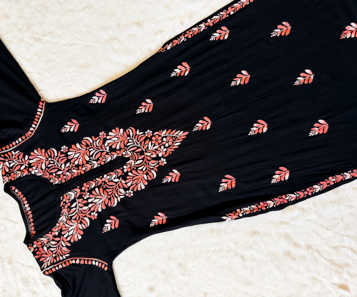 Sara Black & Peach Long Rayon Chikankari Kurti