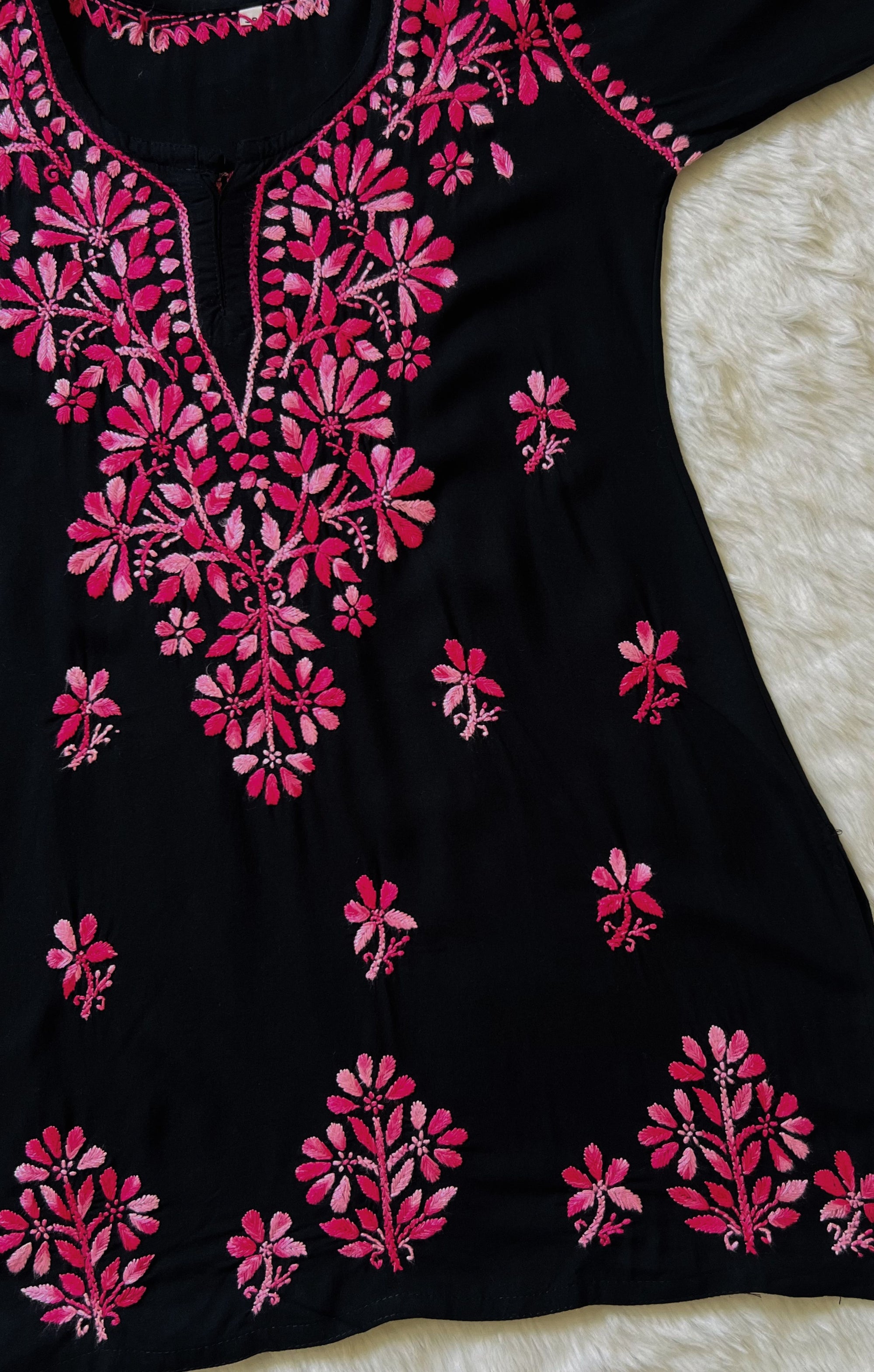 Sara Black & Pink Short Rayon Chikankari Kurta
