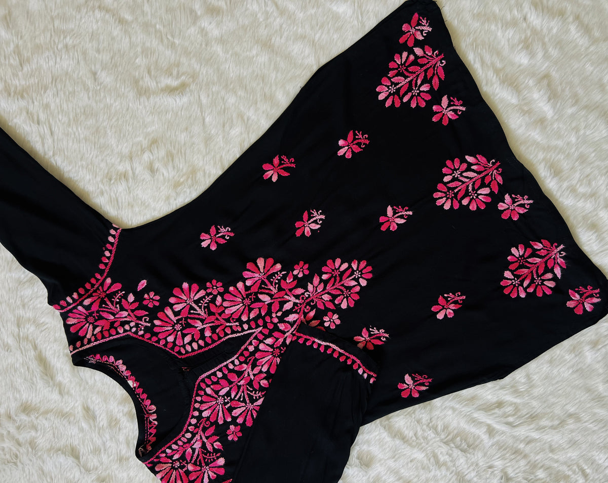 Sara Black & Pink Short Rayon Chikankari Kurta