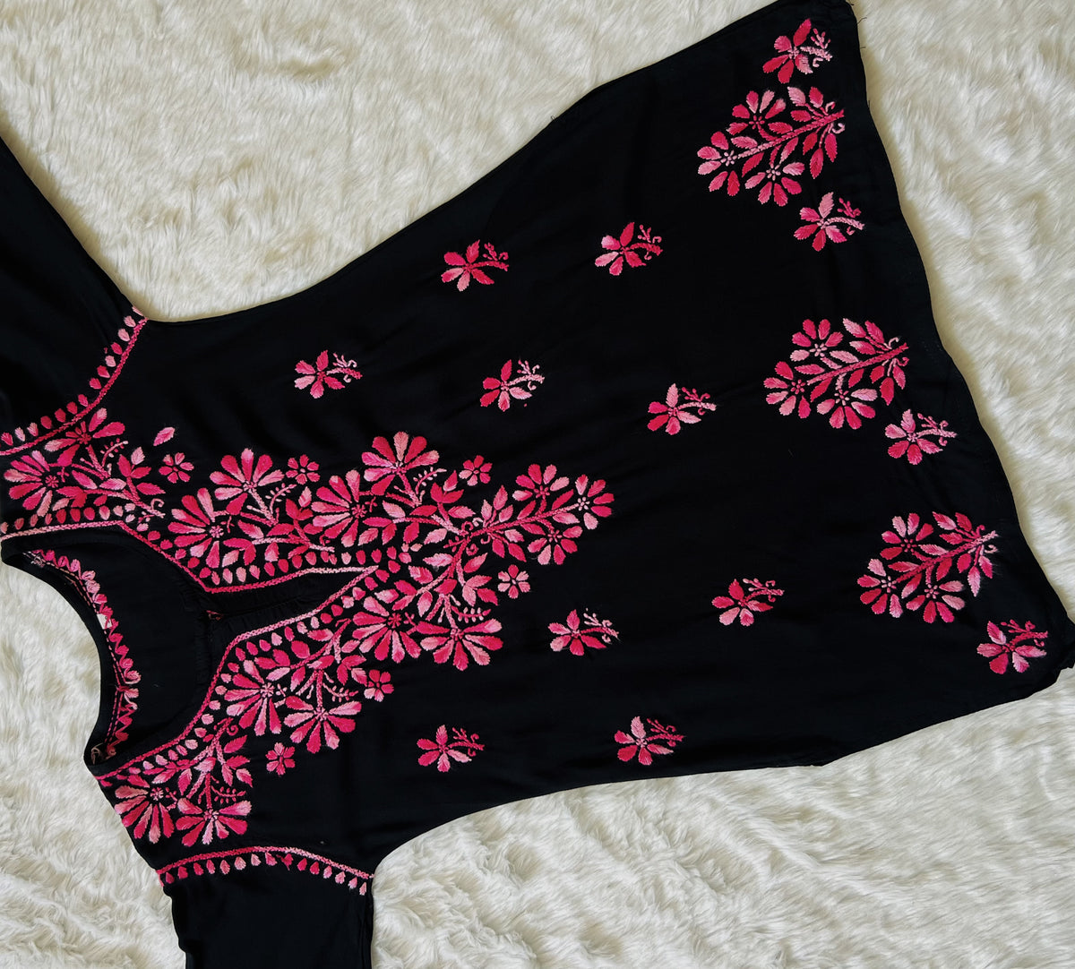 Sara Black & Pink Short Rayon Chikankari Kurta