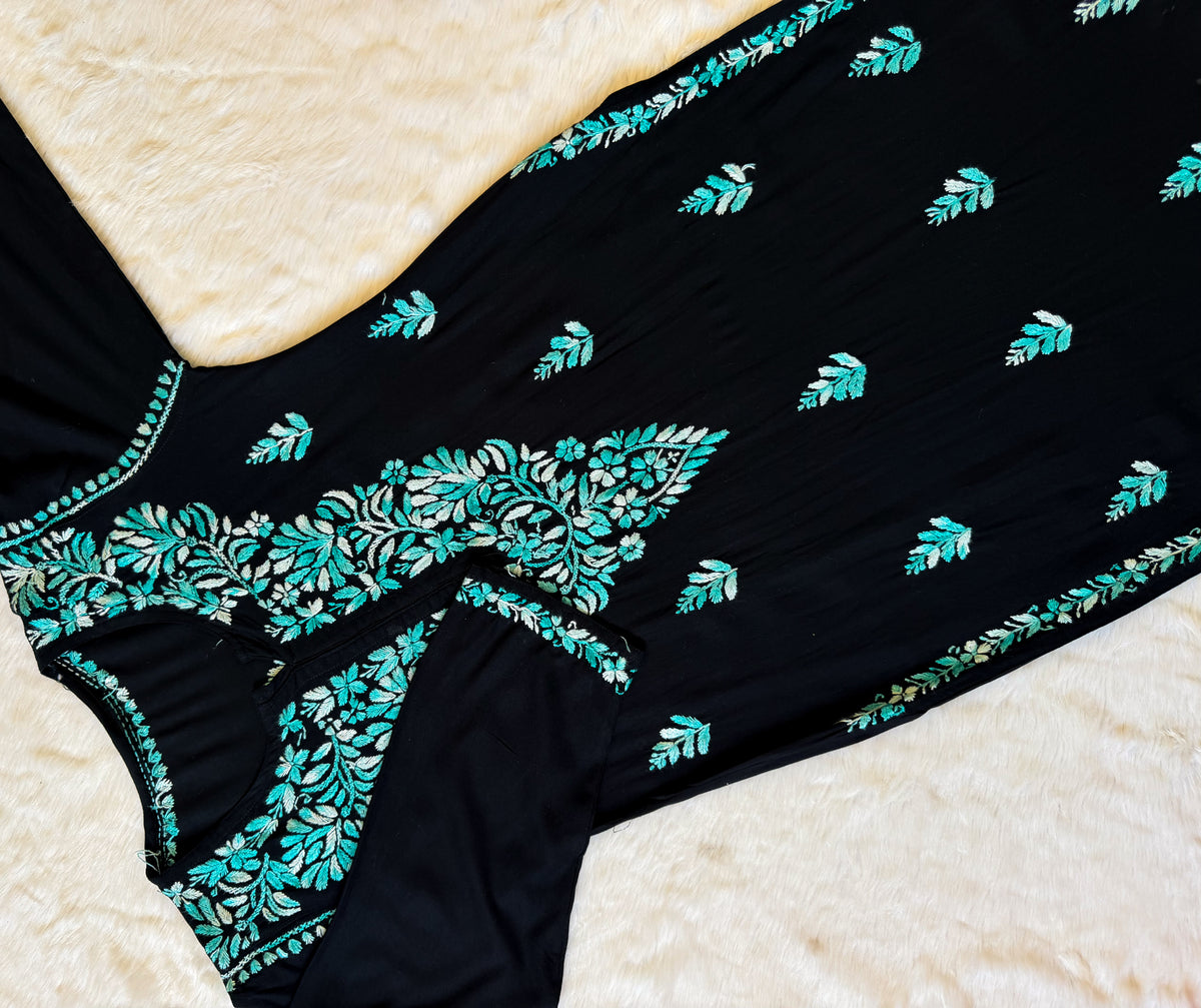 Sara Black & Teal Long Rayon Chikankari Kurti
