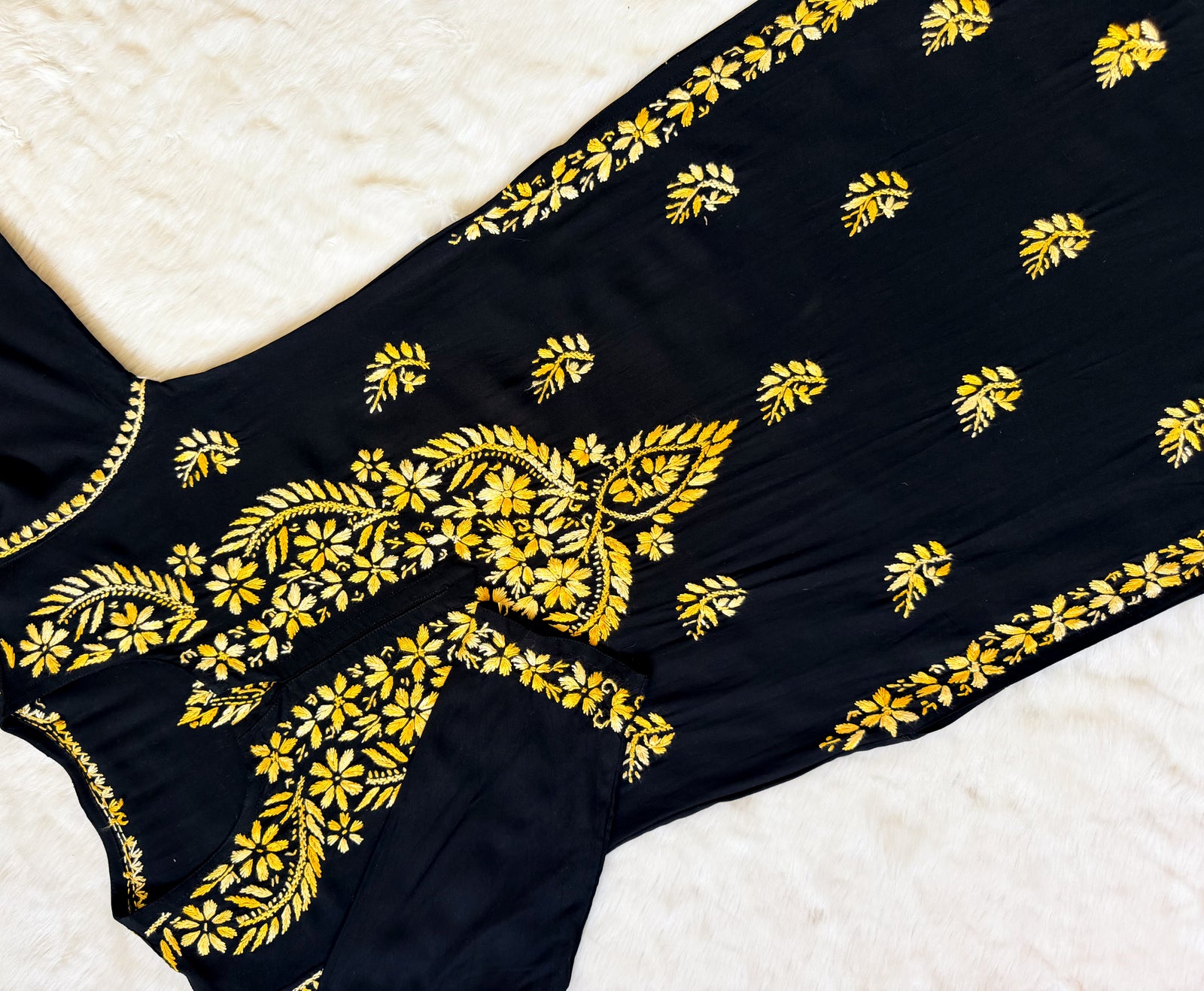 Sara Black & Yellow Long Rayon Chikankari Kurti