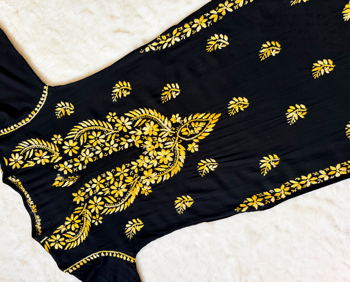 Sara Black & Yellow Long Rayon Chikankari Kurti