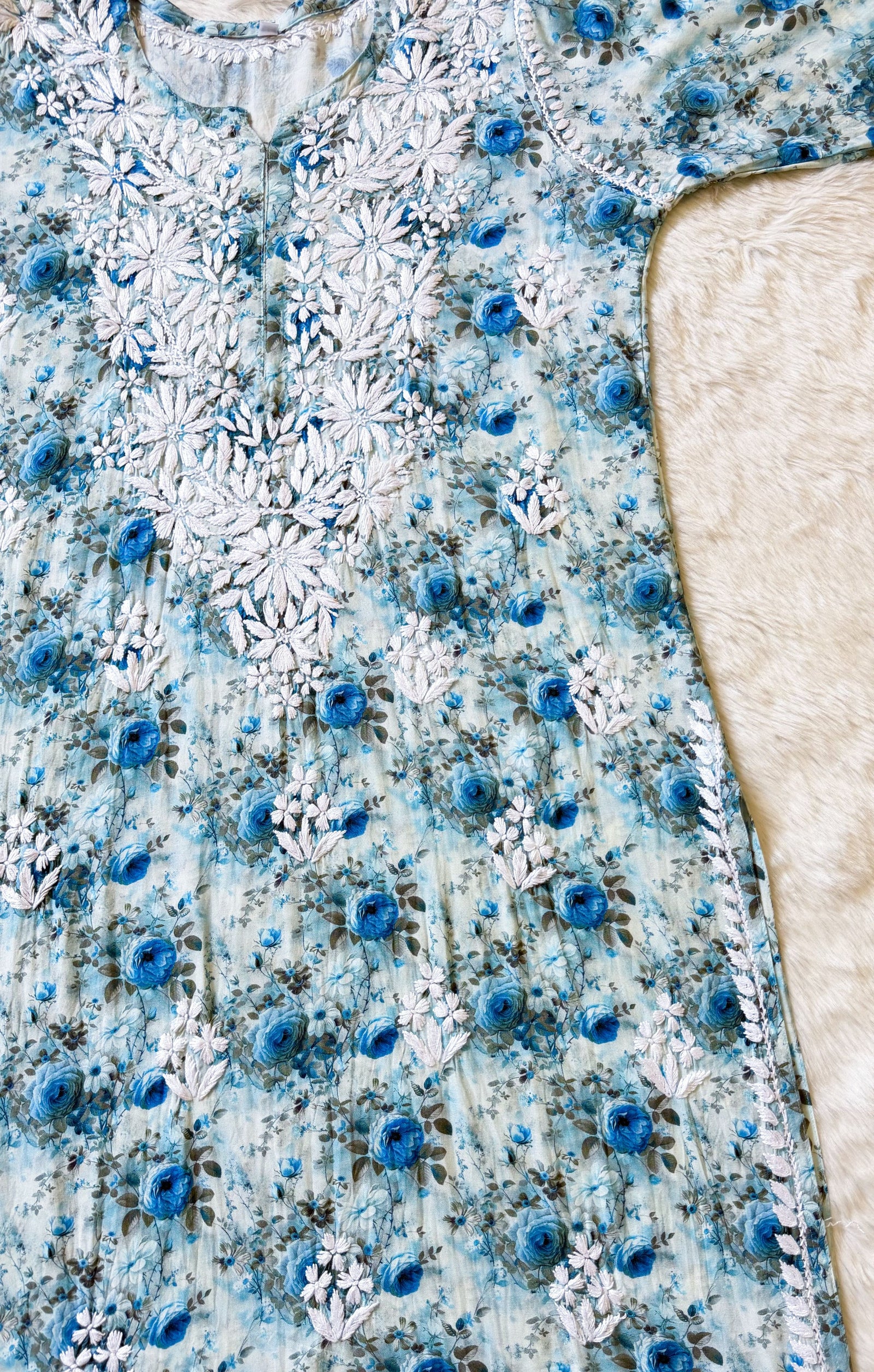 Sehr Ice Blue Rayon Printed Chikankari Kurti