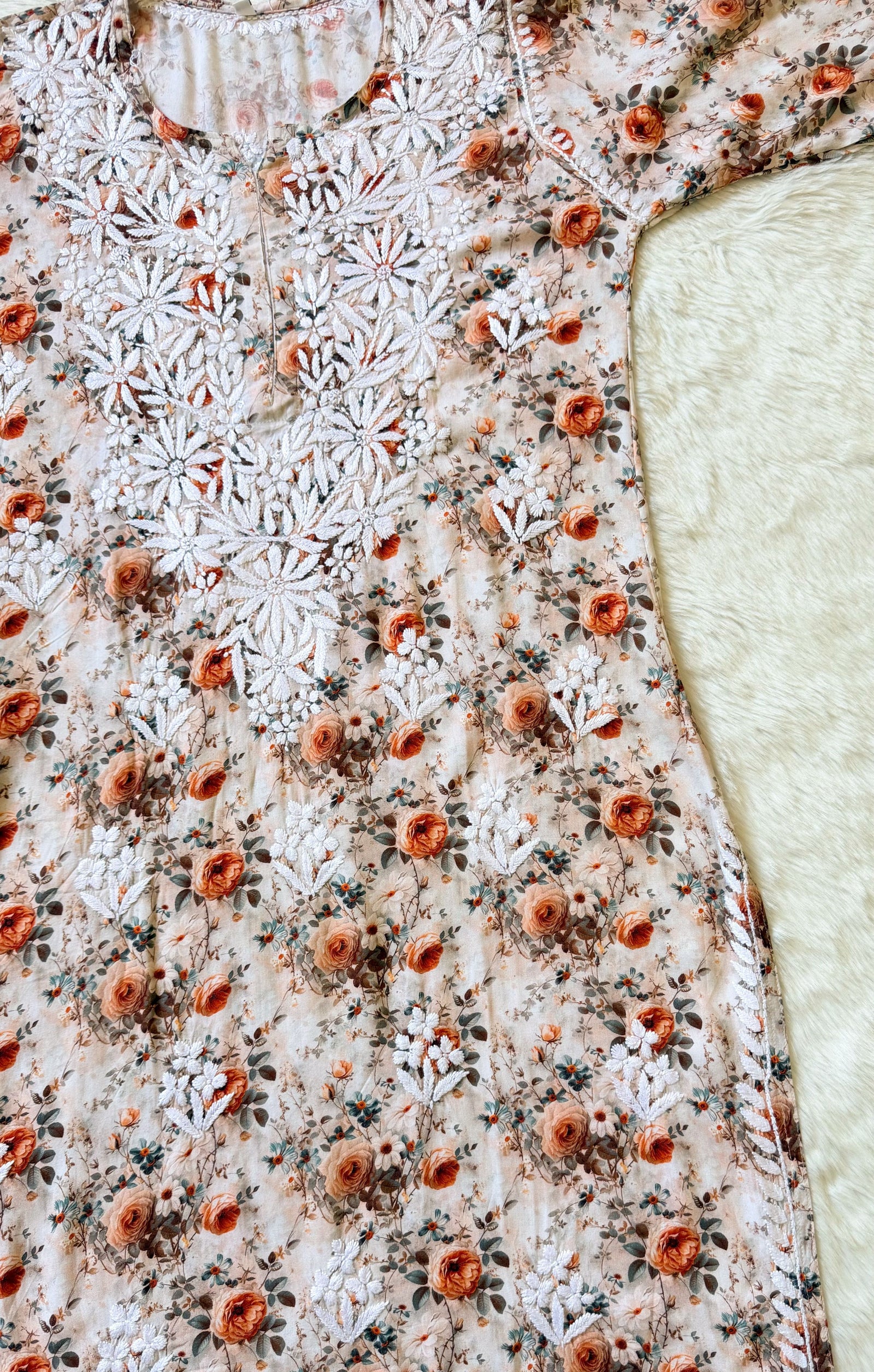 Sehr Rust Rayon Printed Chikankari Kurti