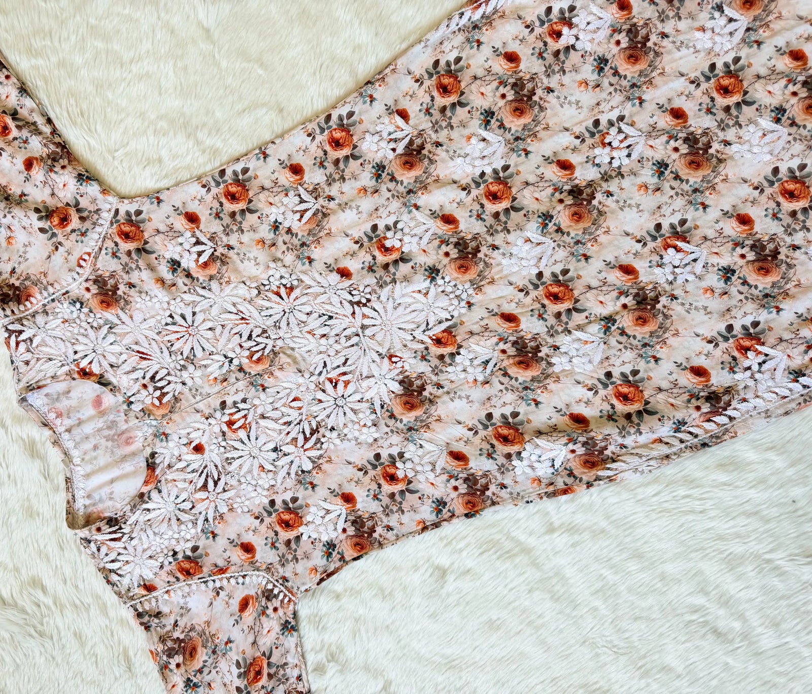 Sehr Rust Rayon Printed Chikankari Kurti