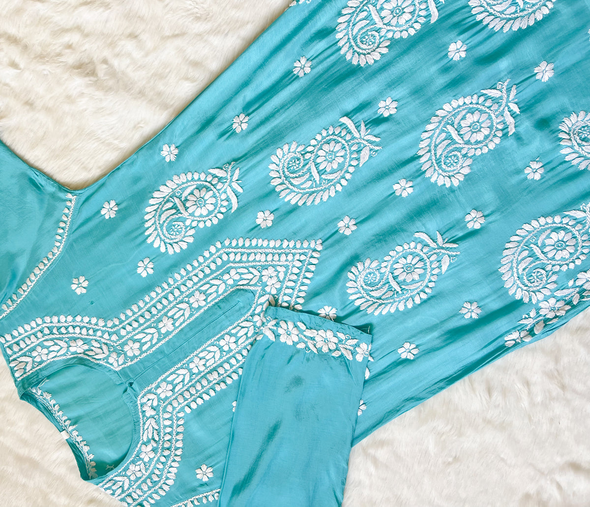 Siya Aqua Blue Muslin Long Kurta with Heavy Chikankari