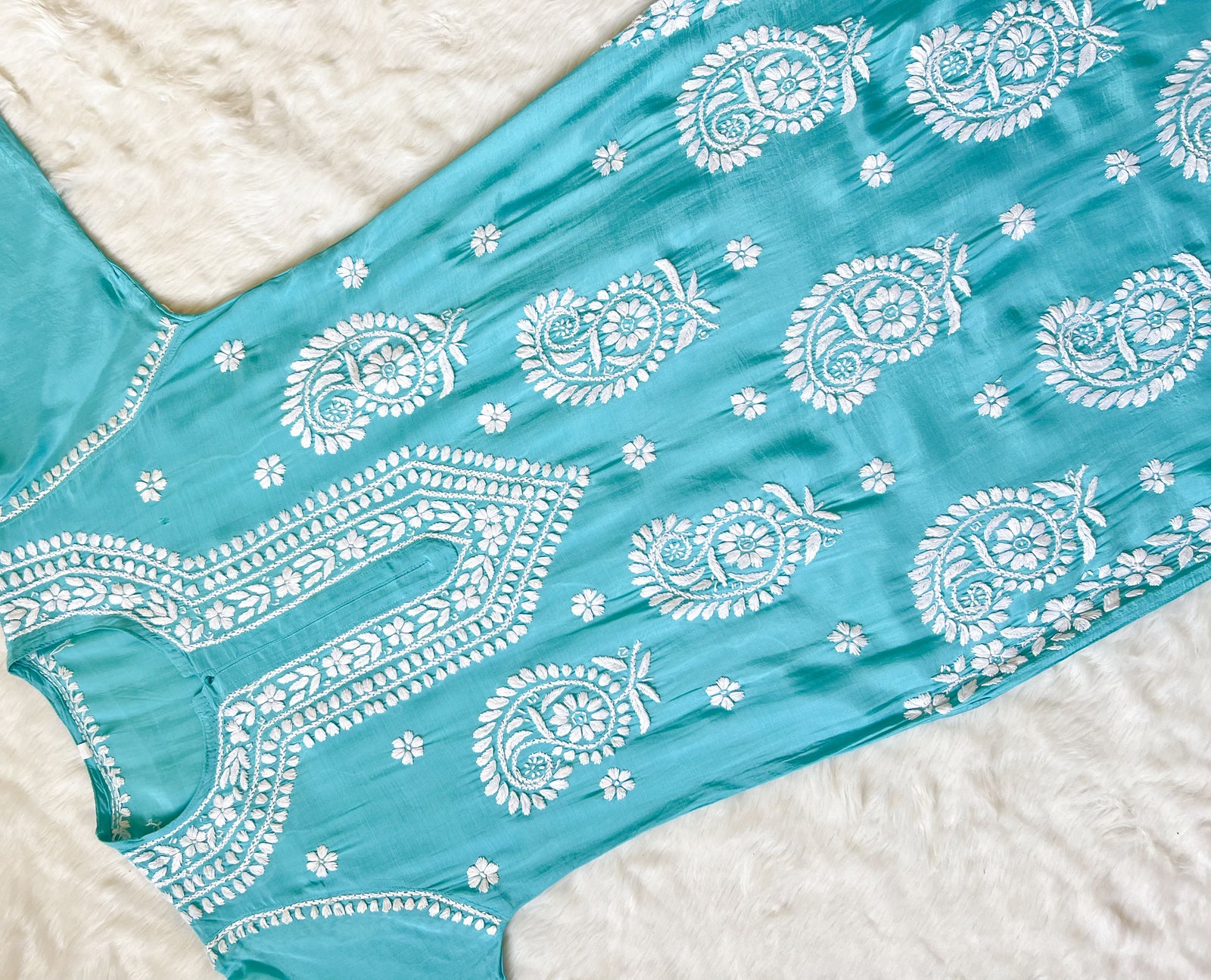 Siya Aqua Blue Muslin Long Kurta with Heavy Chikankari