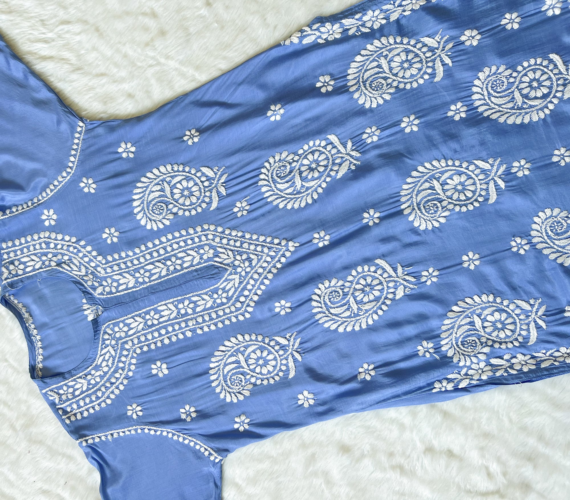 Siya Blue Muslin Long Kurta with Heavy Chikankari