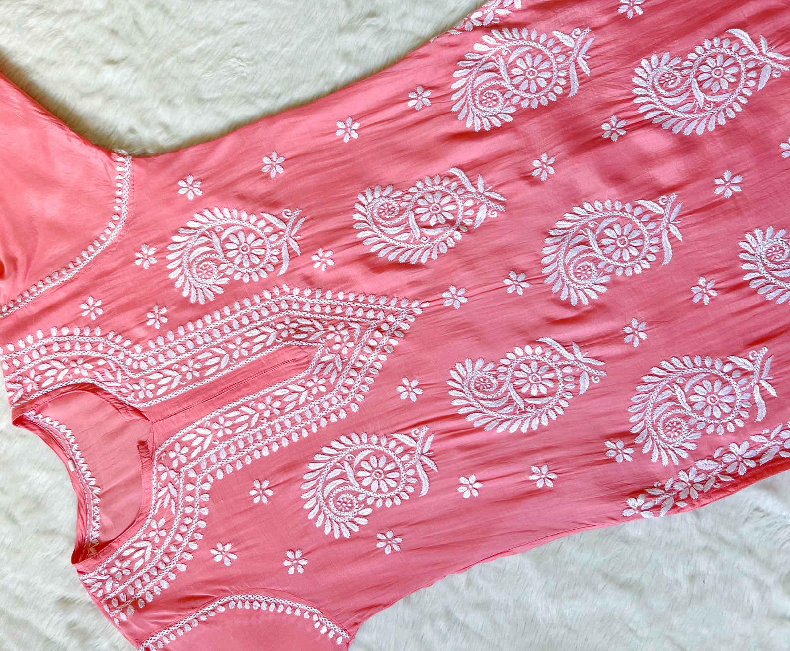 Siya Coral Muslin Long Kurta with Heavy Chikankari