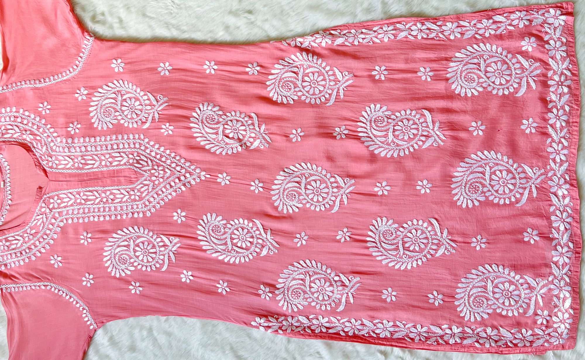 Siya Coral Muslin Long Kurta with Heavy Chikankari