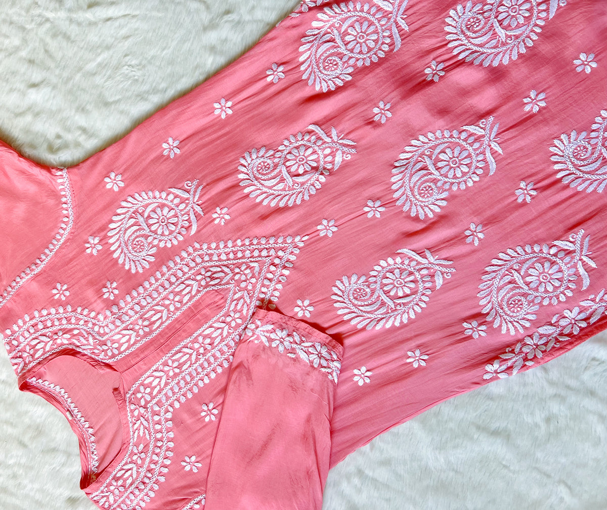 Siya Coral Muslin Long Kurta with Heavy Chikankari