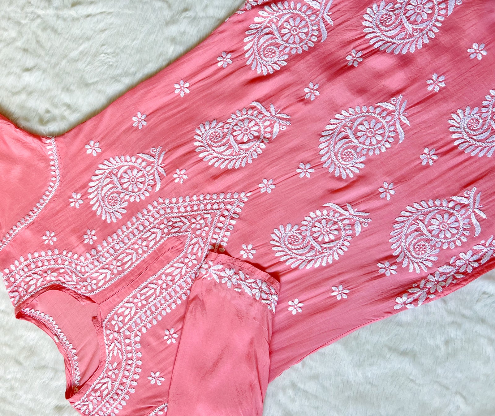 Siya Coral Muslin Long Kurta with Heavy Chikankari