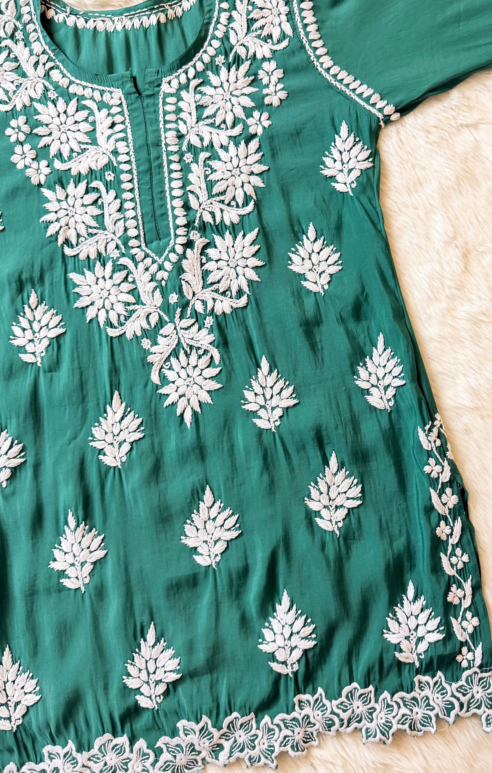 Siya Green Chanderi Chikankari Short Kurti