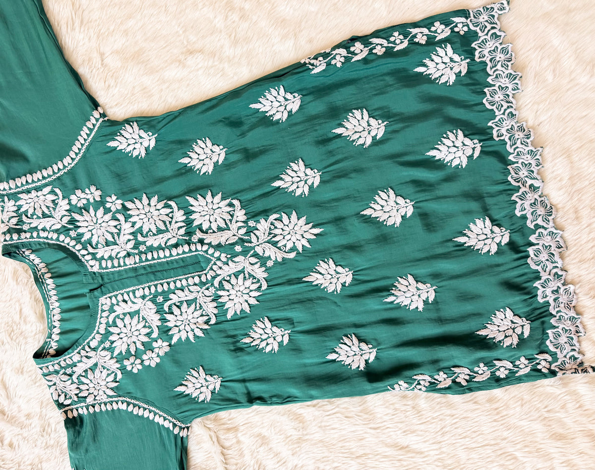 Siya Green Chanderi Chikankari Short Kurti