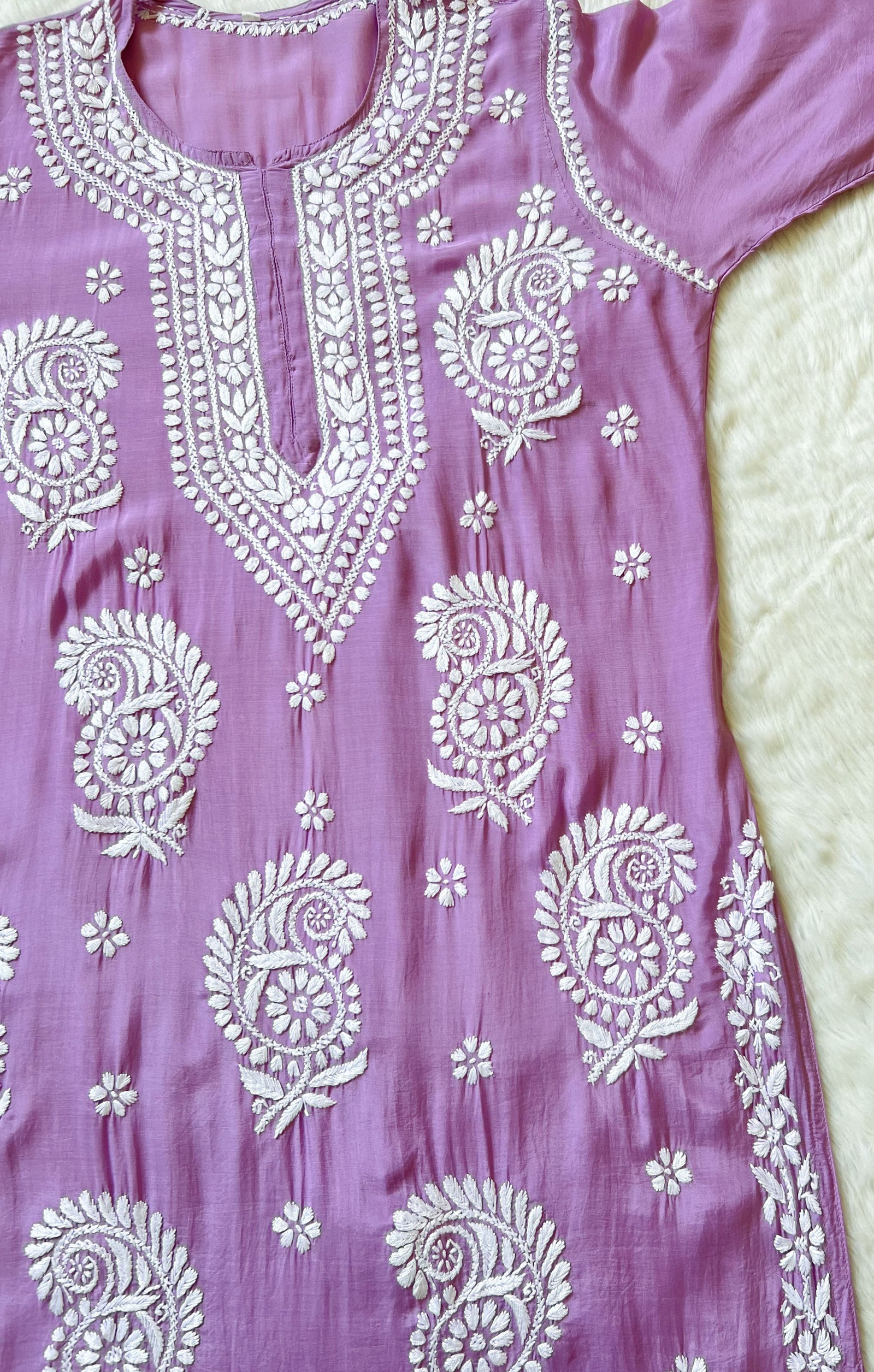 Siya Lavender Muslin Long Kurta with Heavy Chikankari