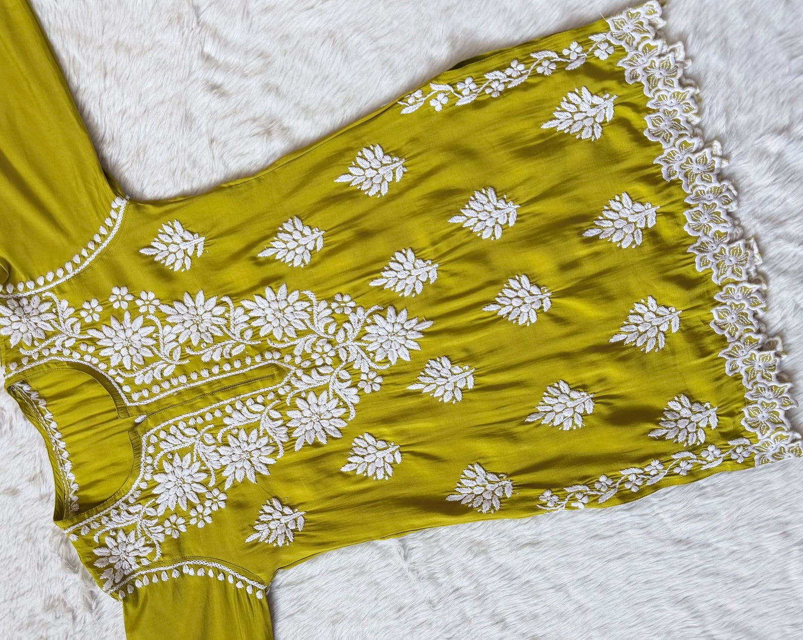 Siya Lime Chanderi Chikankari Short Kurti